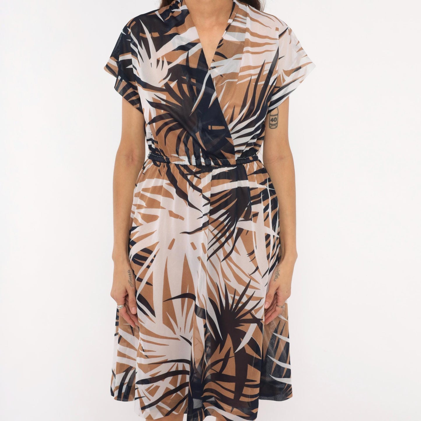 70s Tropical Palm Leaf Wrap Dress Navy Tan Cream Sheer Knee-Length Small Medium