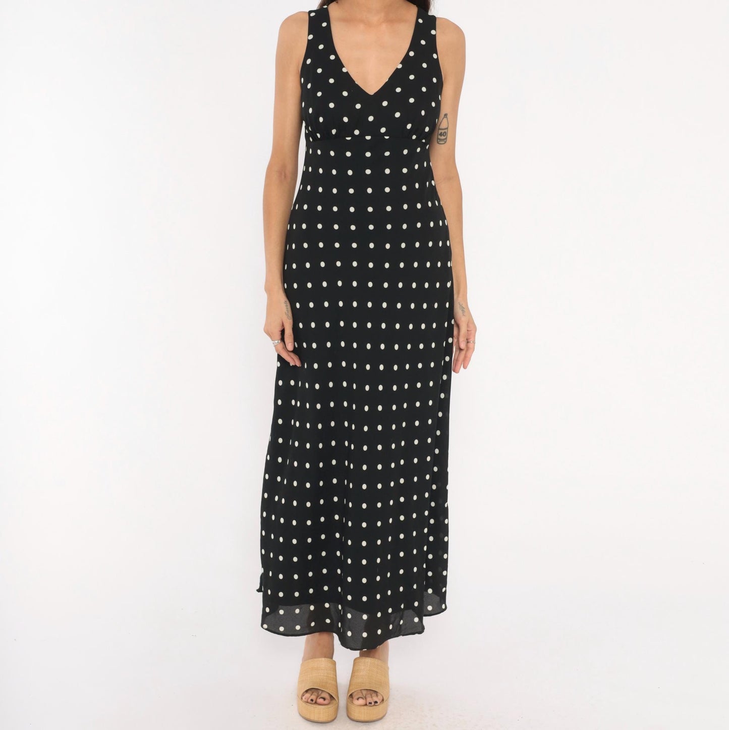 90s Alyn Paige Polka Dot Maxi Dress Black White V Neck Empire Waist Medium M