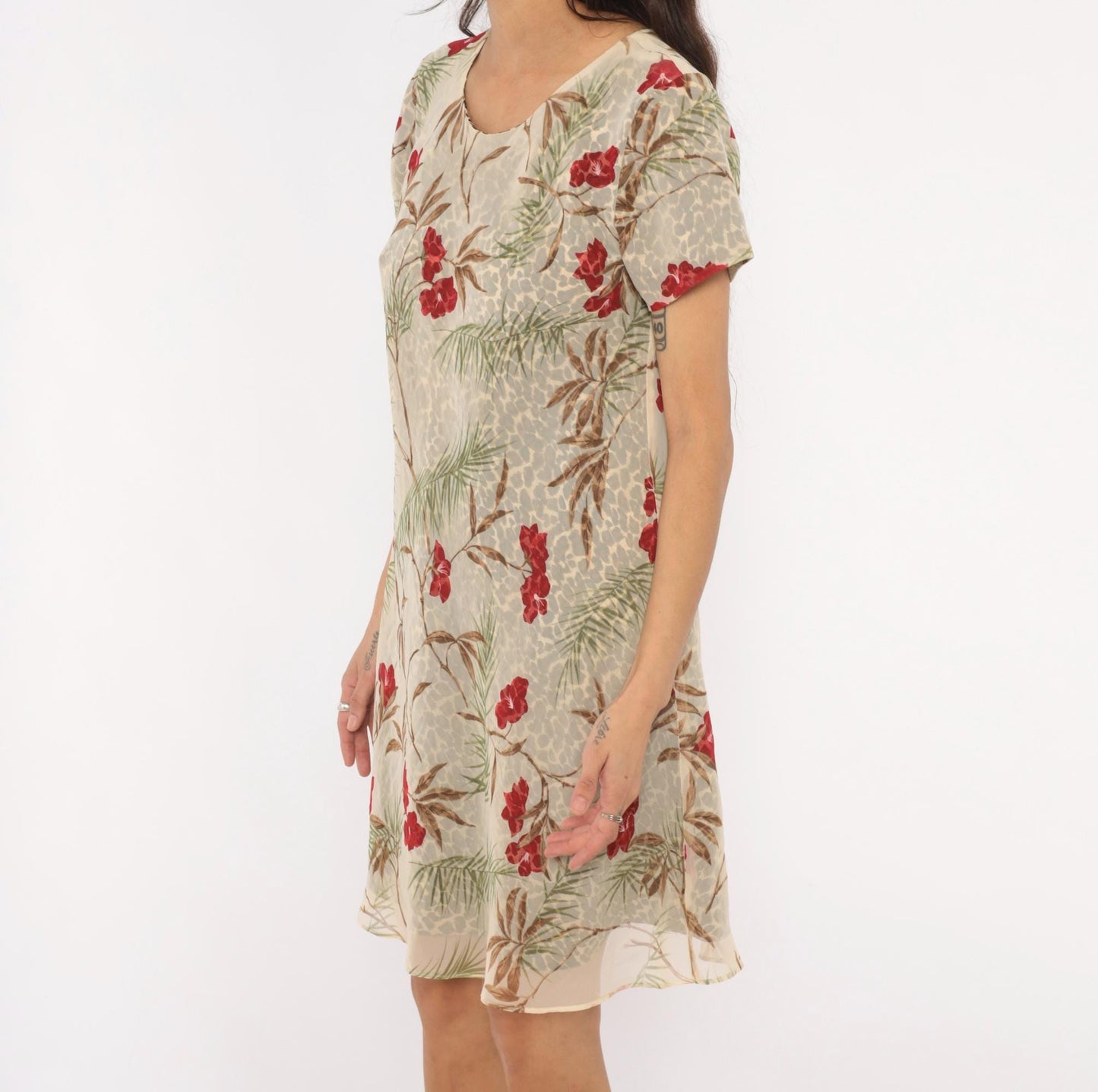 90s Jessica Howard Leopard Floral A-Line Dress Tan Tropical Print Medium M