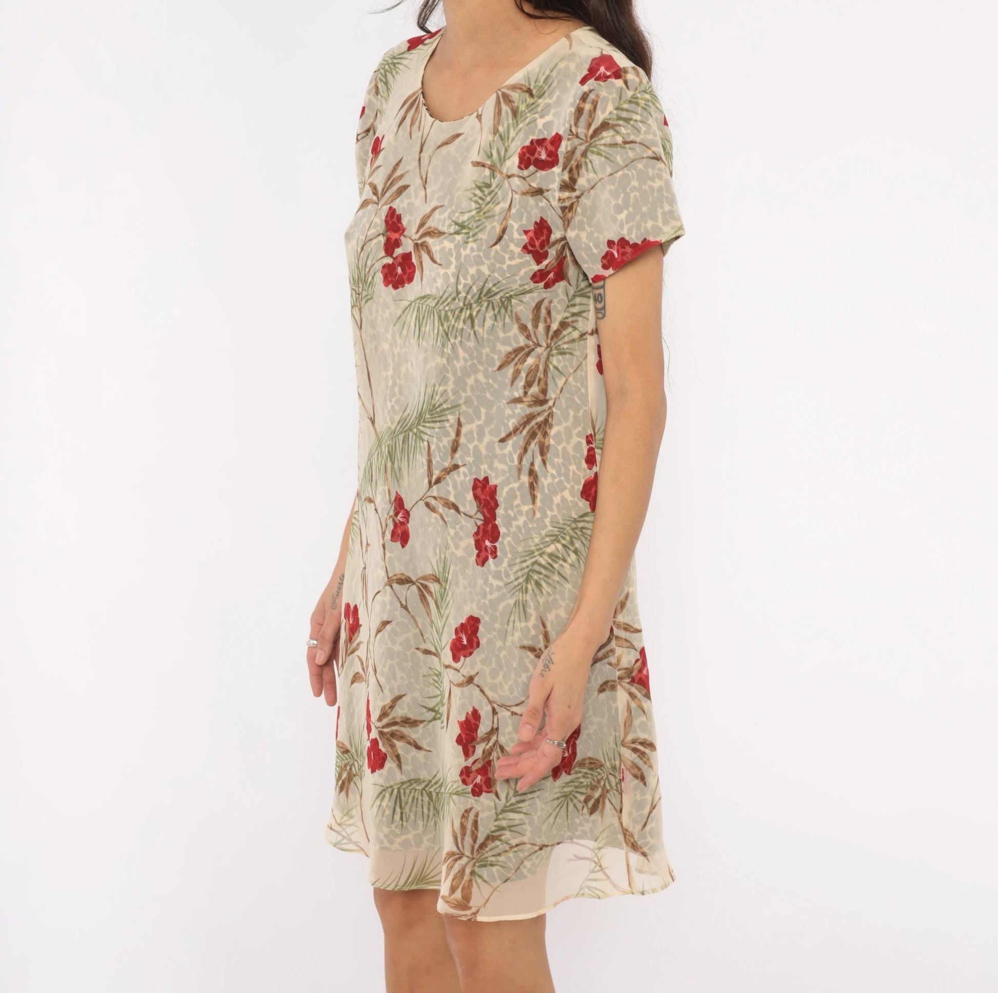 90s Jessica Howard Leopard Floral A-Line Dress Tan Tropical Print Medium M