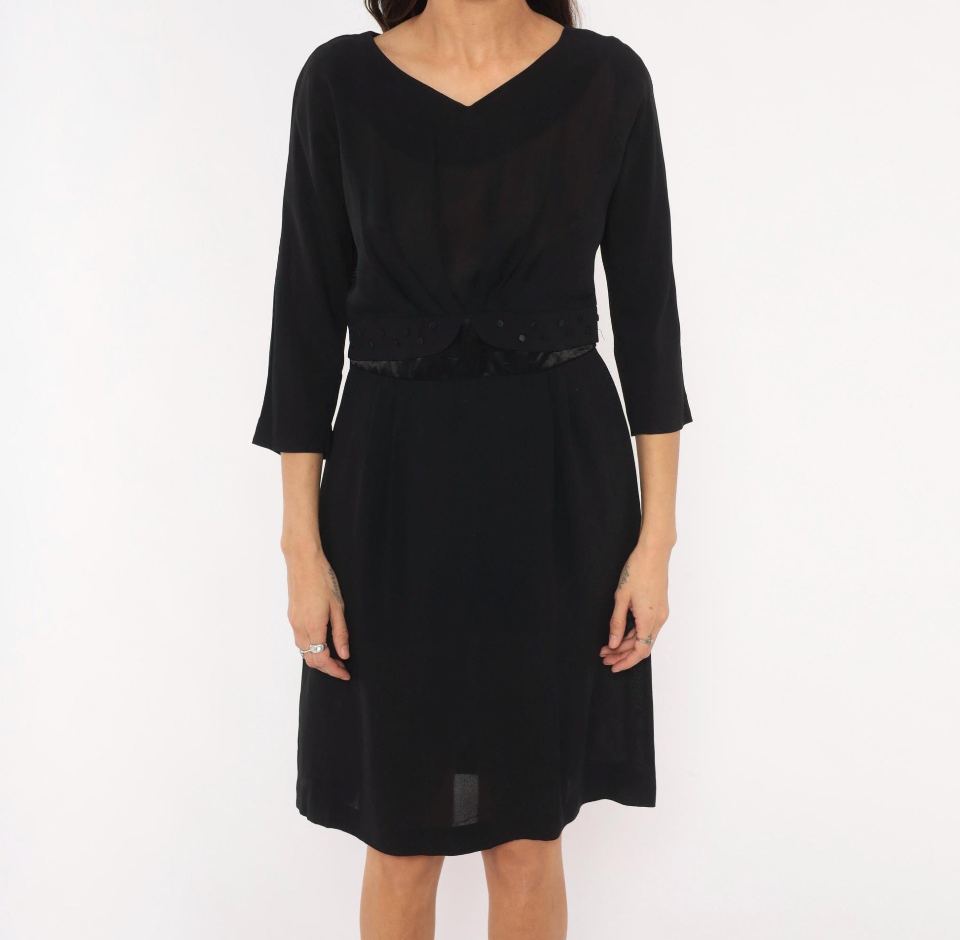 1950s Town Tempo Originals Black Cocktail Dress V-Neck Twist Front Medium M