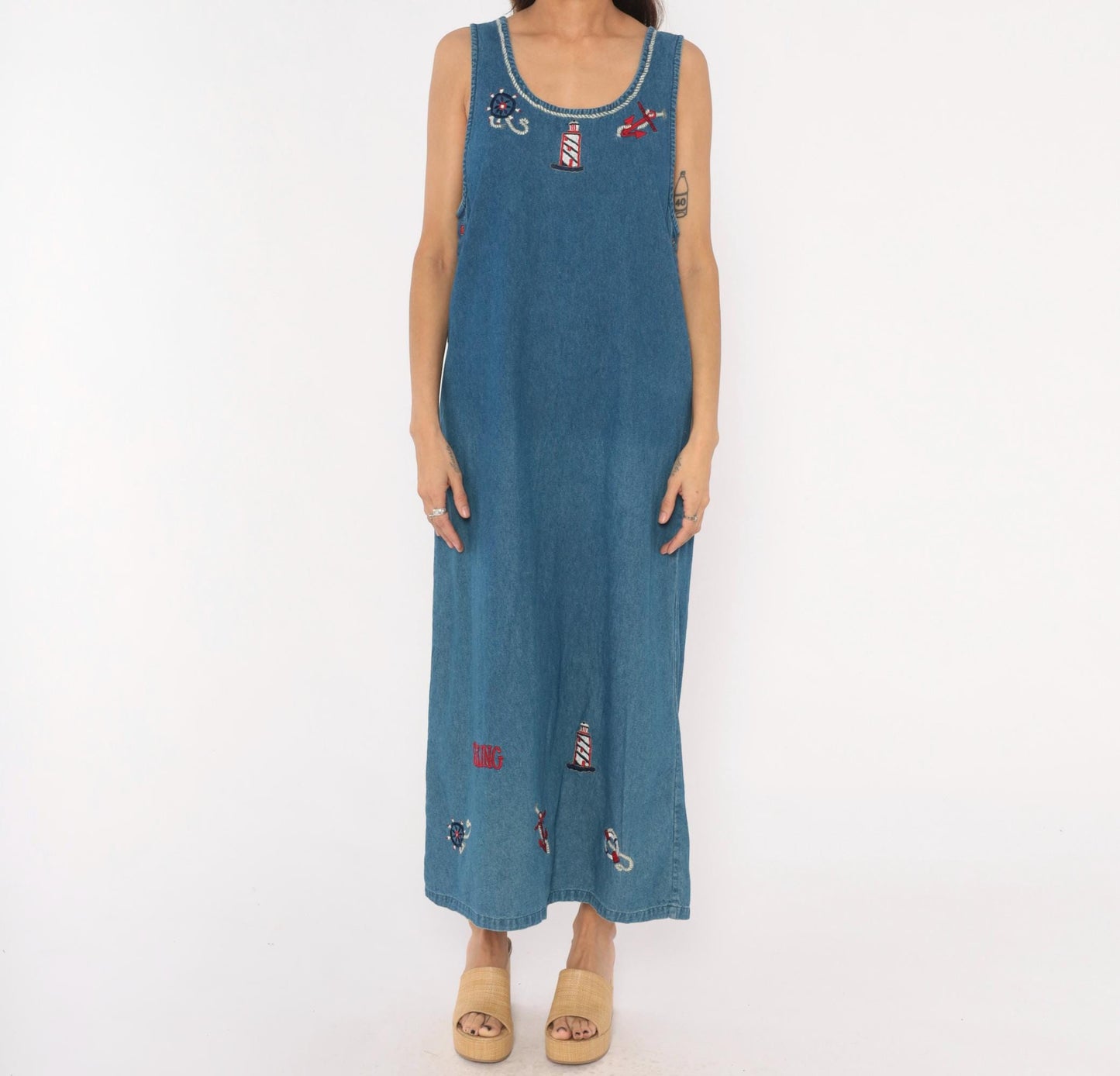 90s Keren Hart Nautical Denim Maxi Dress Embroidered Lighthouse Anchor Medium M