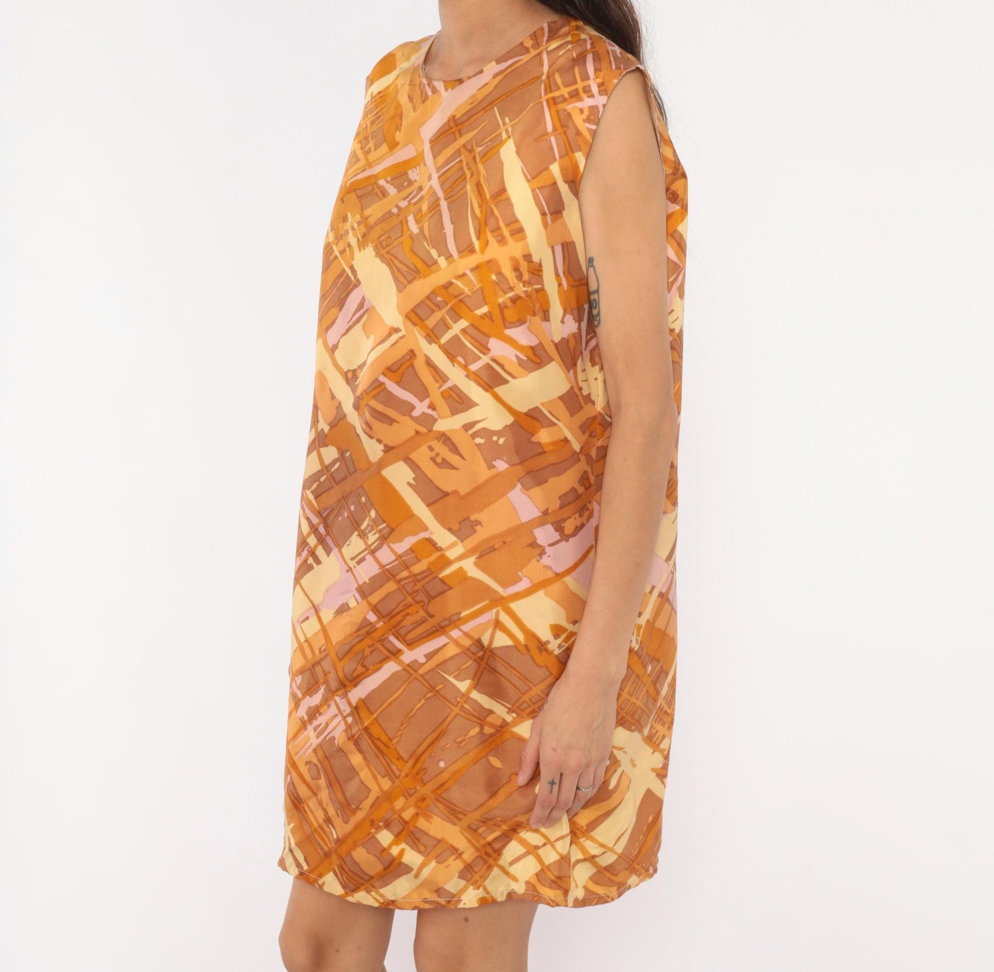 60s Mod Abstract Brushstroke Shift Dress Sleeveless Knee-Length Orange Brown Large L