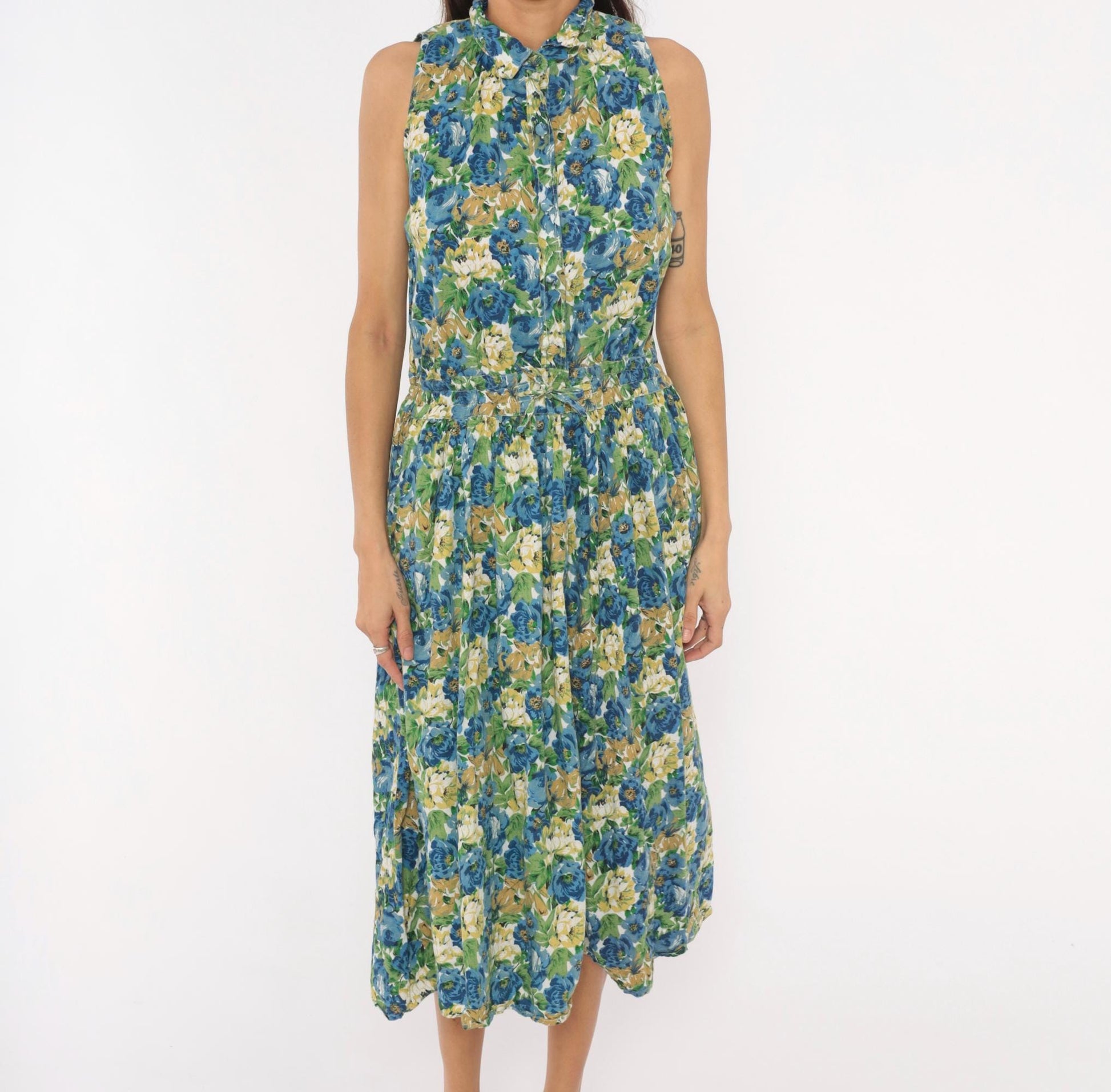 90s Penbrooke Lane Floral Shirtdress Midi Collared Sleeveless Blue Rose Medium M