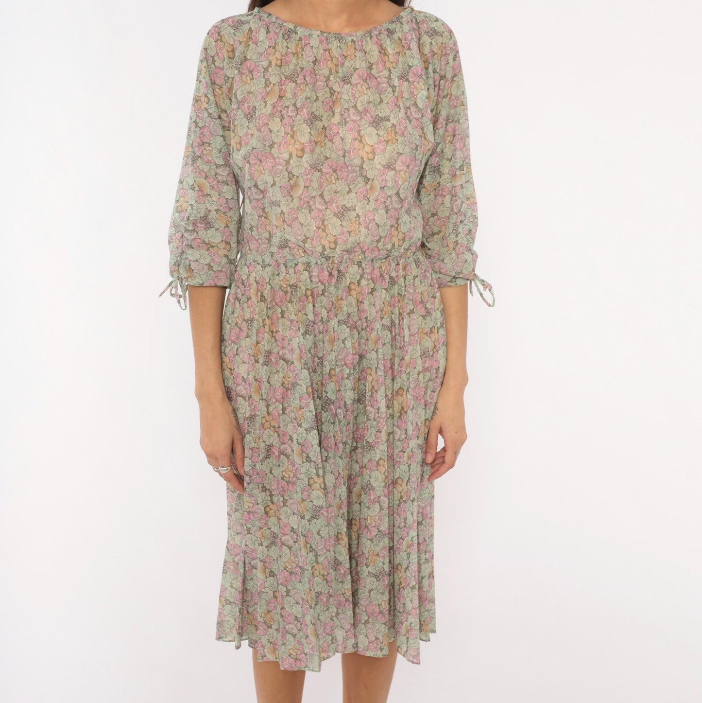 70s Bleeker Petites Floral Blouson Dress Pink Sage Green Tie Sleeve Small Medium