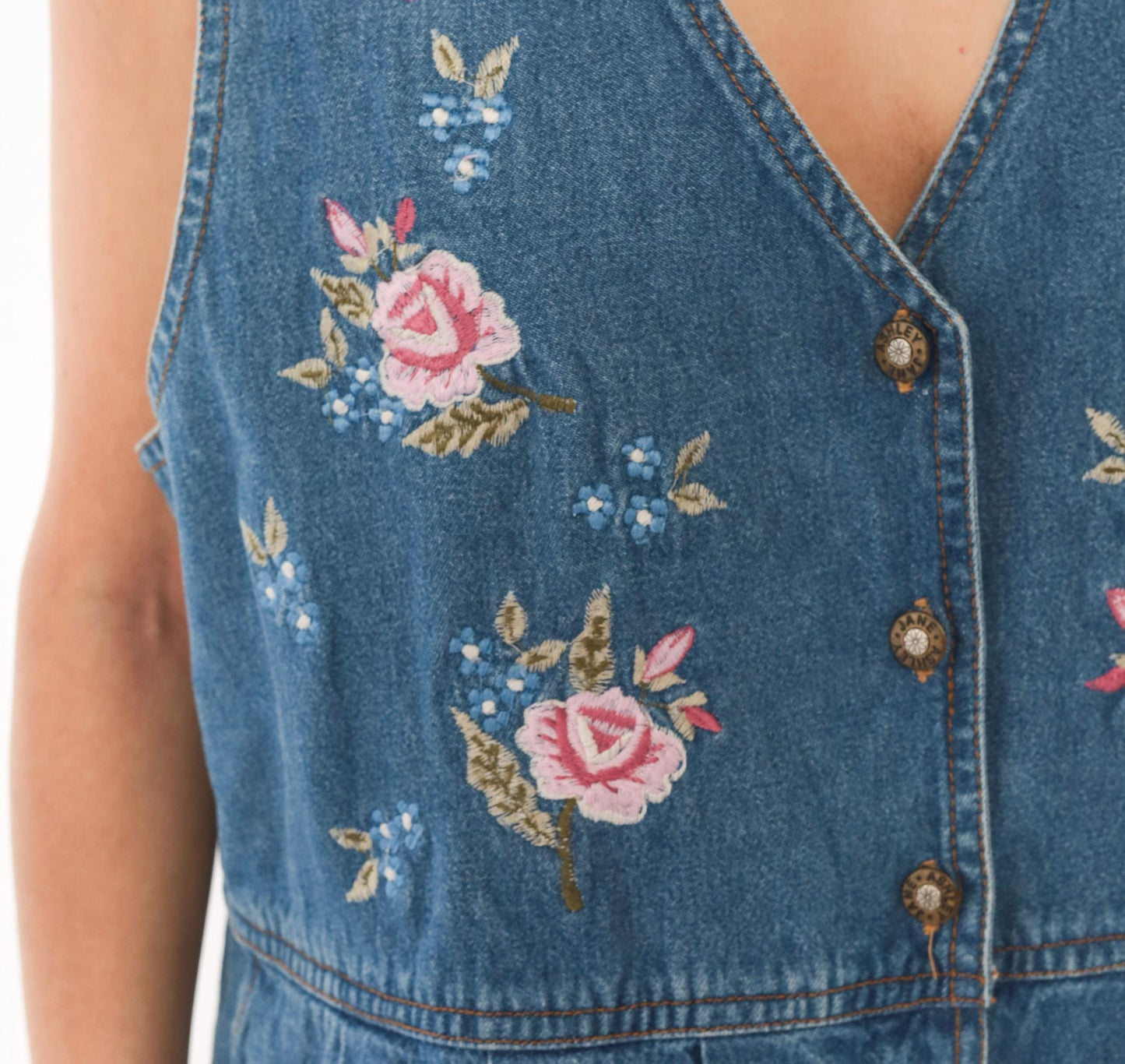 90s Casual Corner Denim Maxi Dress Floral Embroidered V-Neck Button Front Large