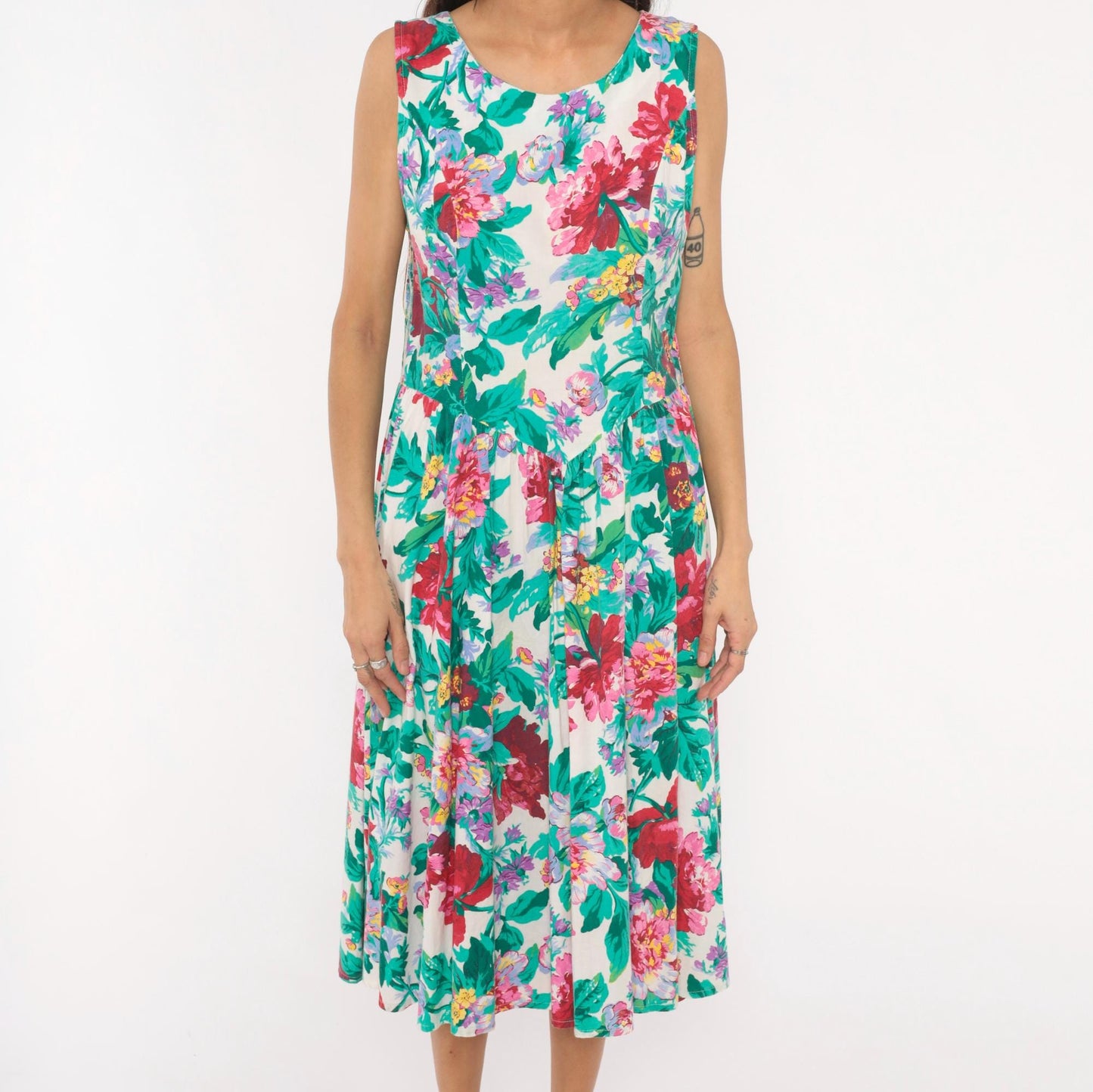 90s Brittany Nicole Floral Midi Sundress Cotton Peony Print Cream Large Petite