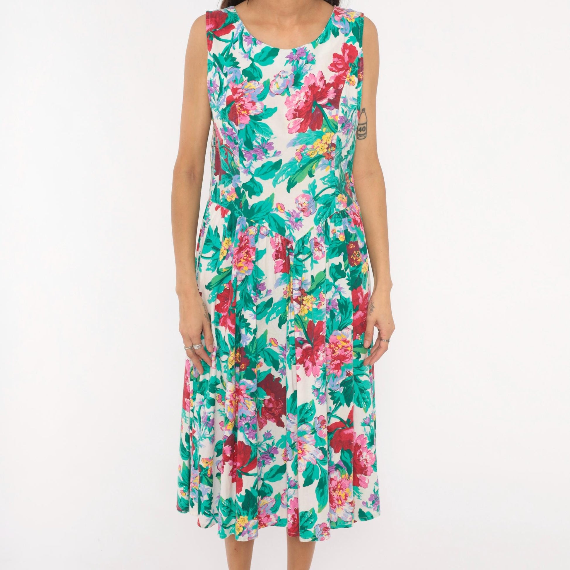 90s Brittany Nicole Floral Midi Sundress Cotton Peony Print Cream Large Petite