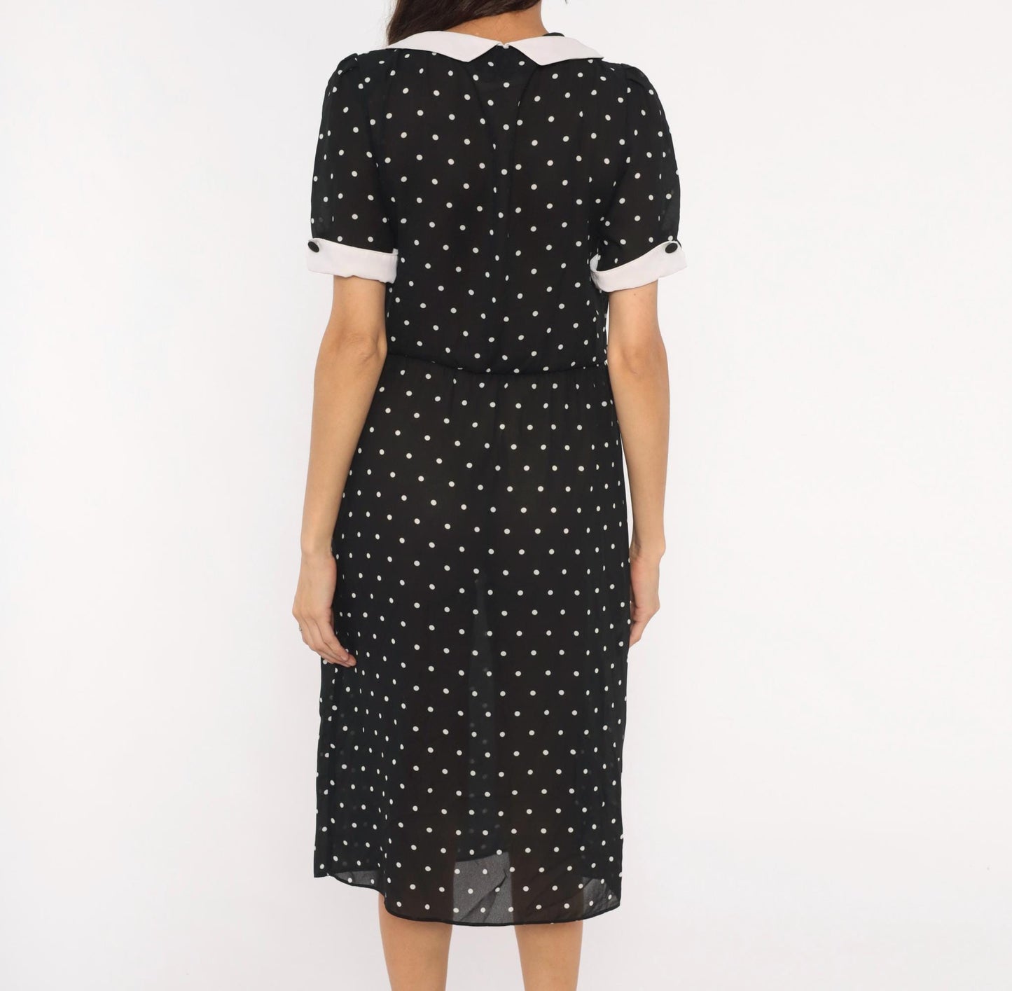 90s Farouche Black White Polka Dot Midi Dress Peter Pan Collar Small