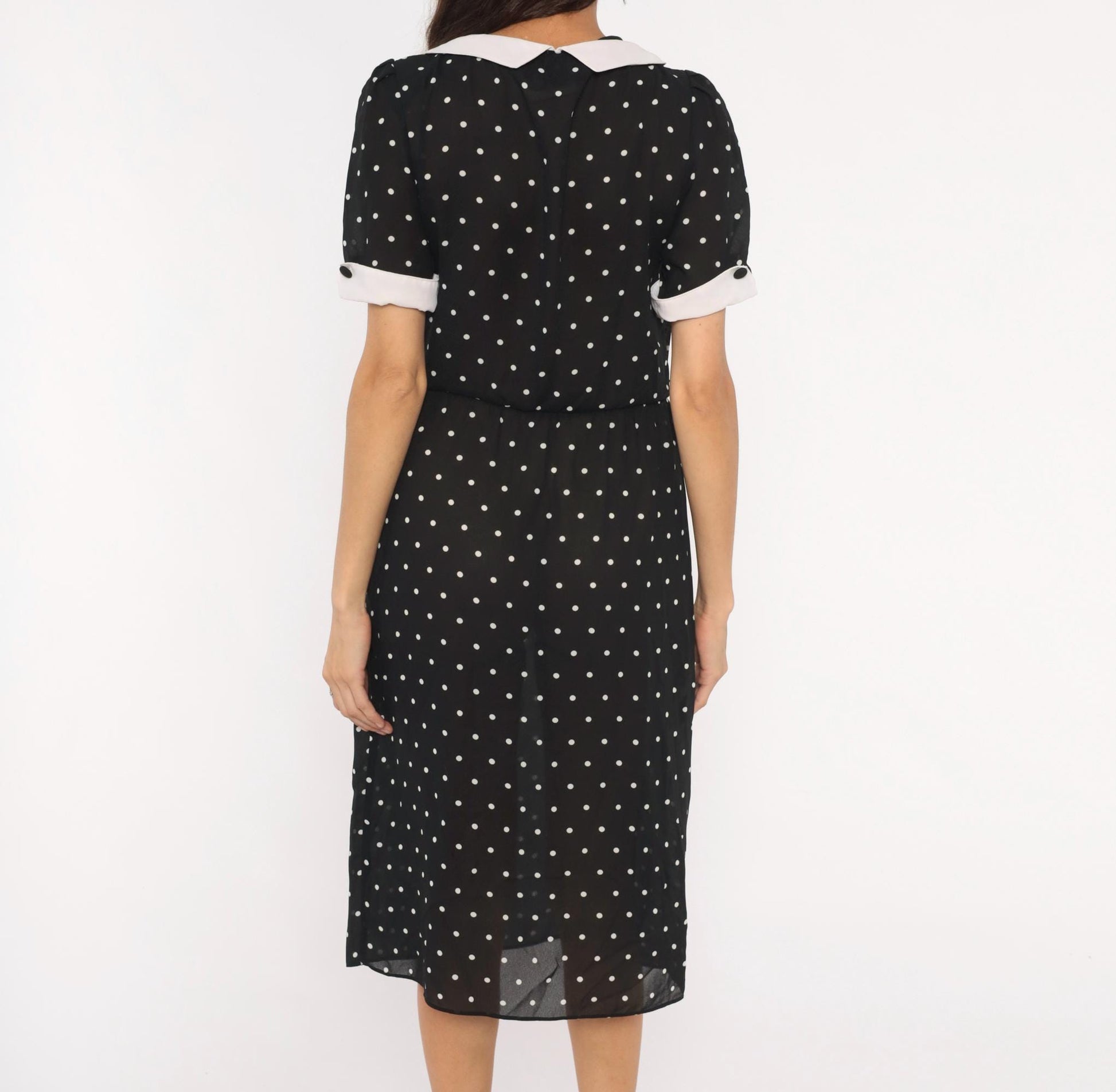 90s Farouche Black White Polka Dot Midi Dress Peter Pan Collar Small