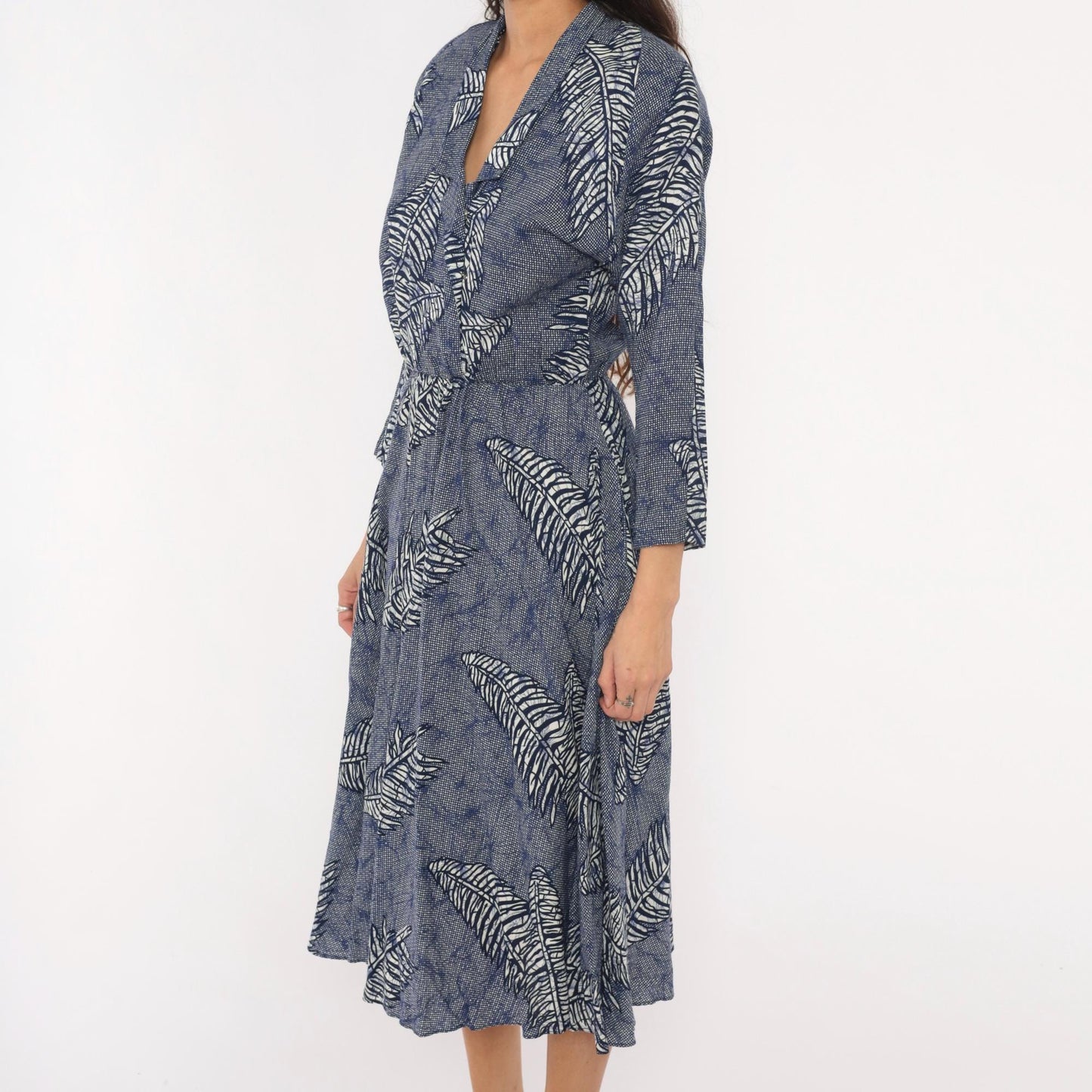 90s Kono Fern Leaf Wrap Dress Cobalt Navy Midi A-Line Small S