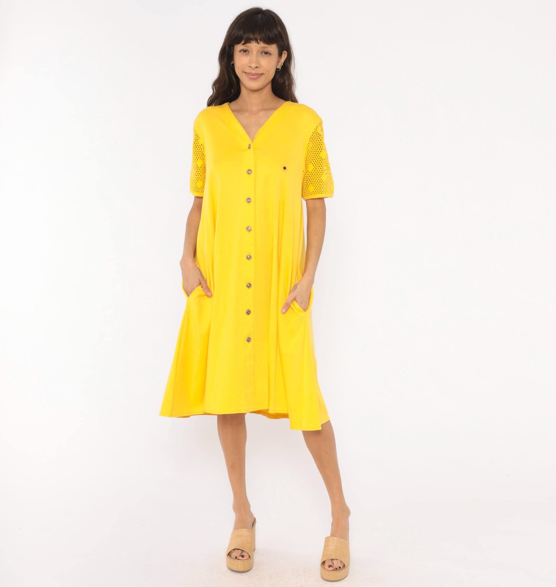 90s Leisure Living Sunflower Embroidered Dress Yellow Cotton Mesh Sleeve Small