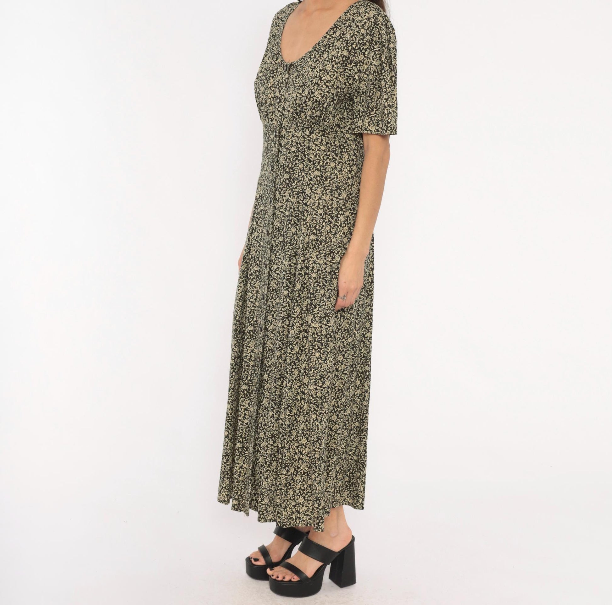 90s All That Jazz Floral Maxi Dress Black Cream Rose Button Front Medium