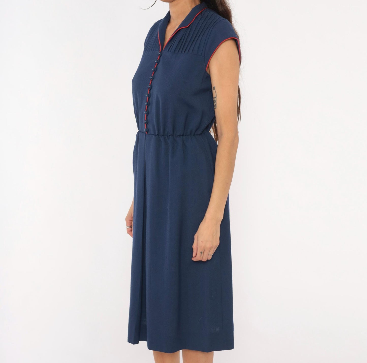80s Leslie Fay Navy Pintuck Shirtdress Red Piping V-Neck Knee-Length Small Medium