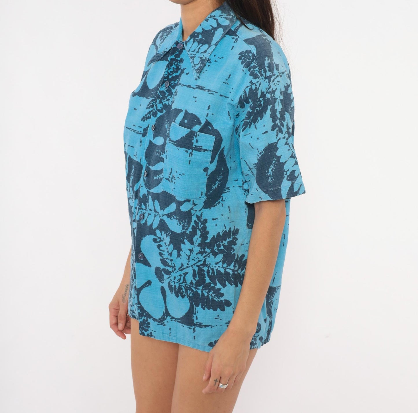 80s Alohawaii Hawaiian Shirt Blue Botanical Fern Cotton Camp Collar Medium