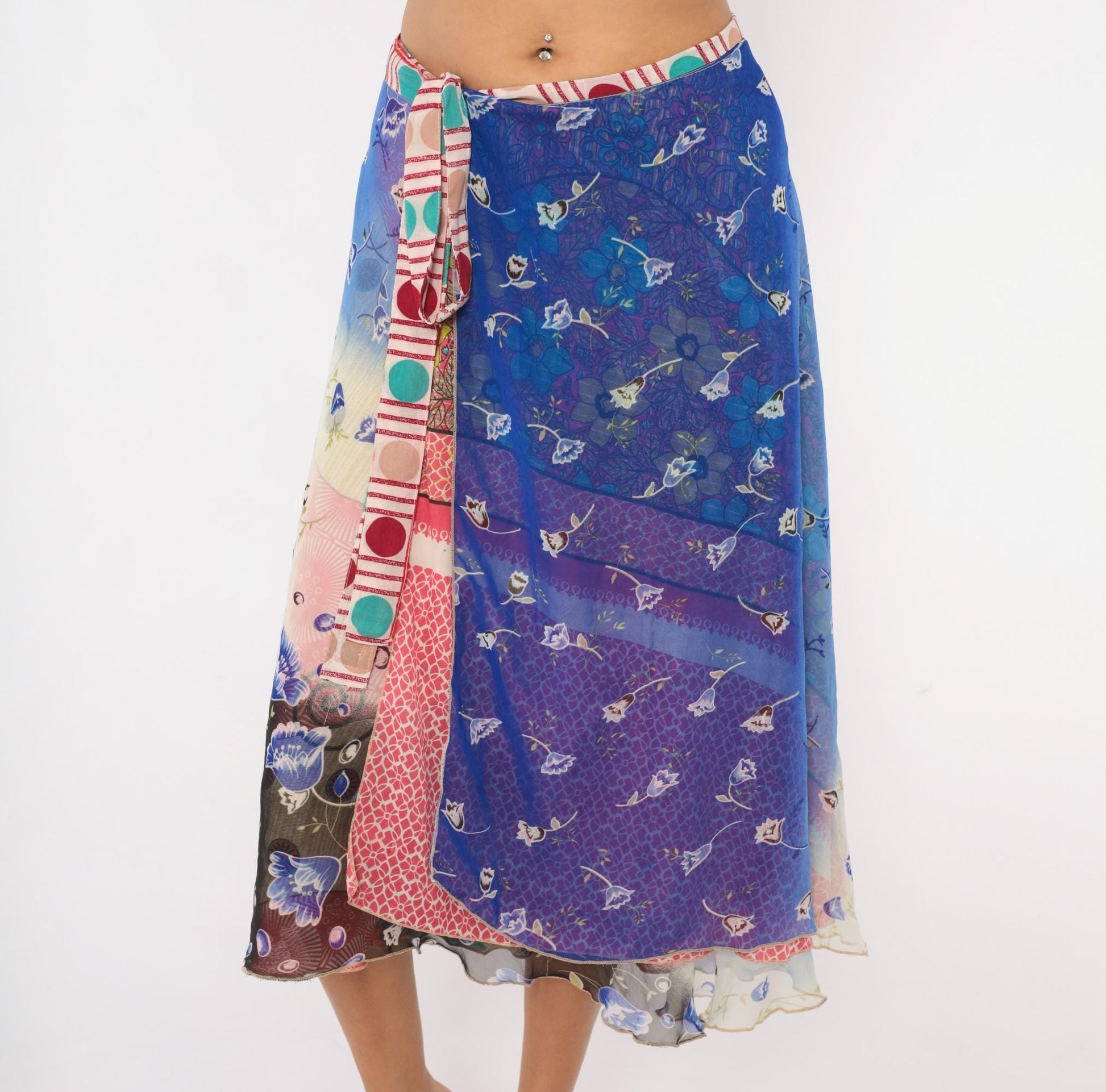 Y2K Kariza Reversible Wrap Midi Skirt Floral Patchwork Blue Pink Medium Large
