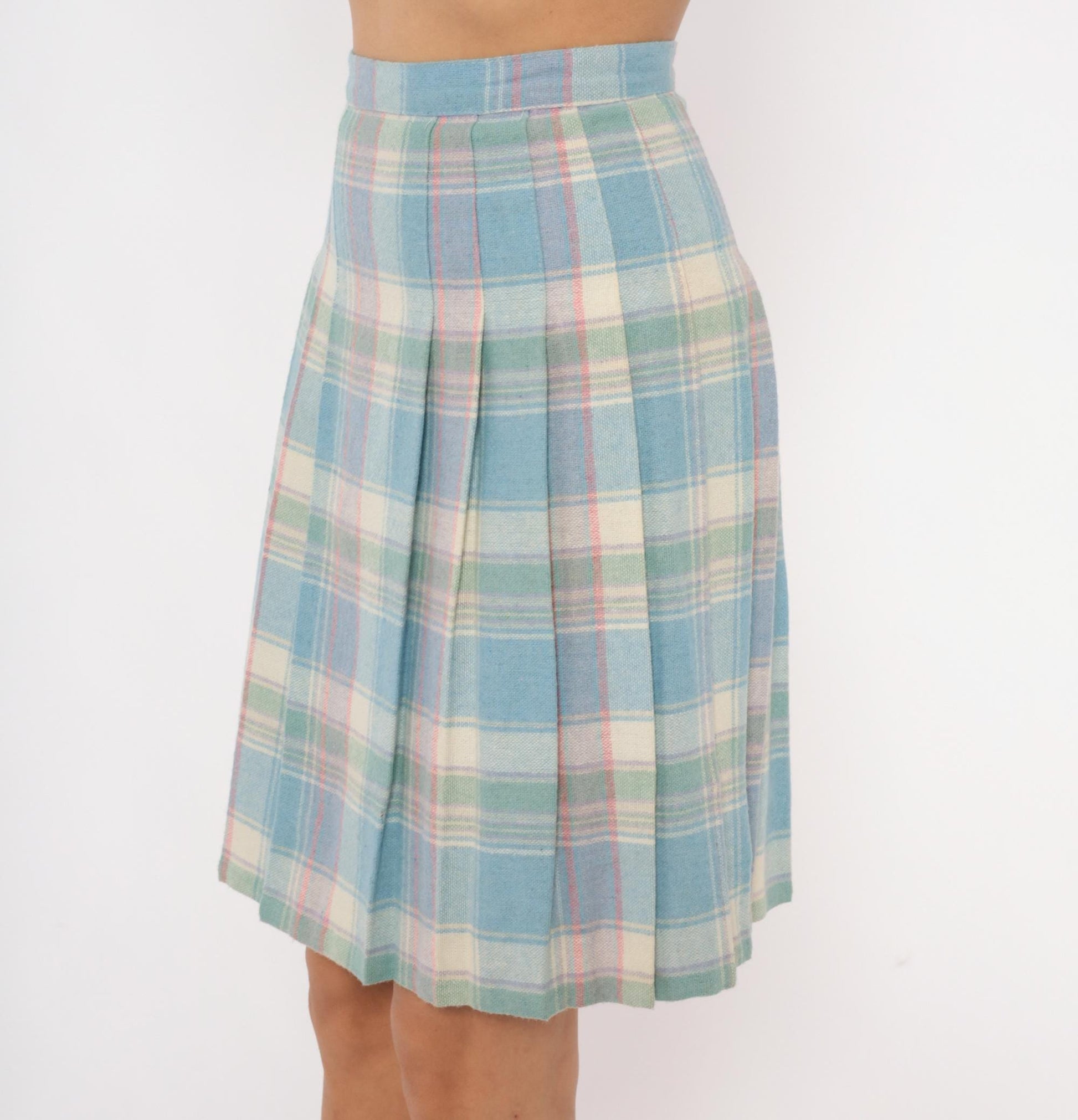 90s Pastel Plaid Pleated Skirt Wool Blend Blue Pink Green Tartan Knee-Length Extra Small