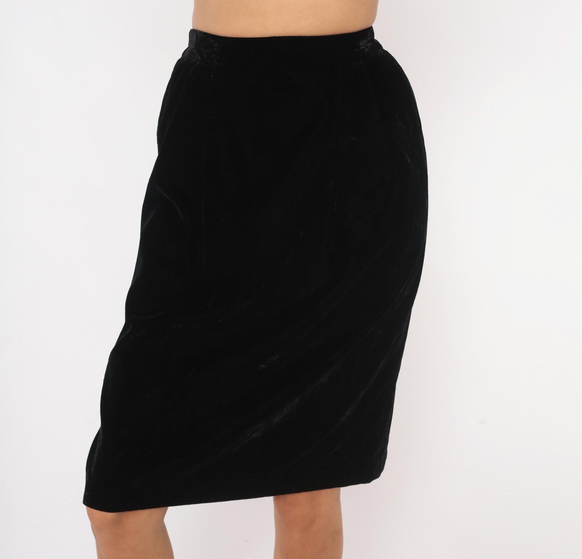 90s TanJay Black Velvet Pencil Skirt Knee-Length Small S