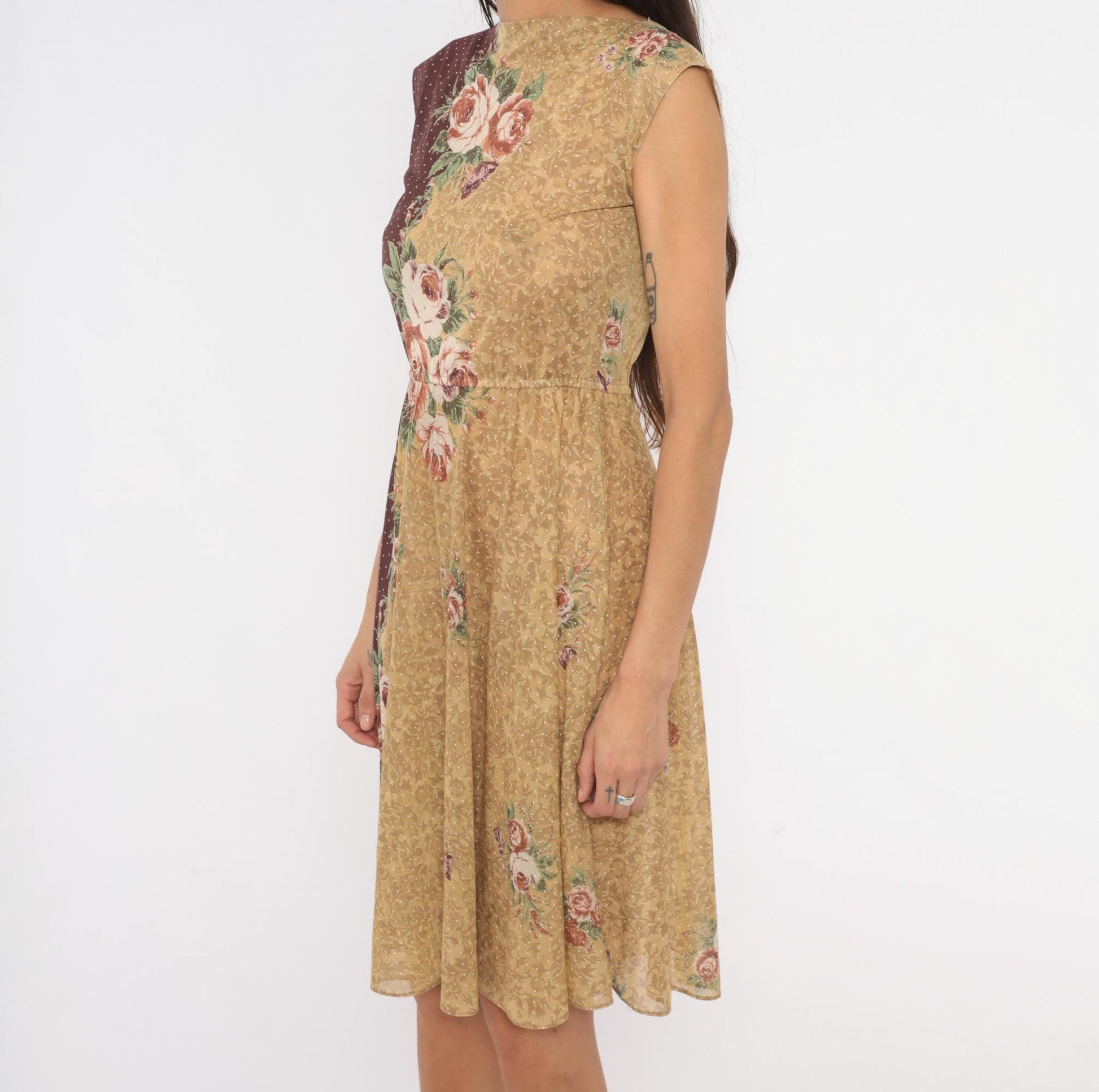 80s Melissa Petites Floral Polka Dot Dress Tan Burgundy Cap Sleeve Small