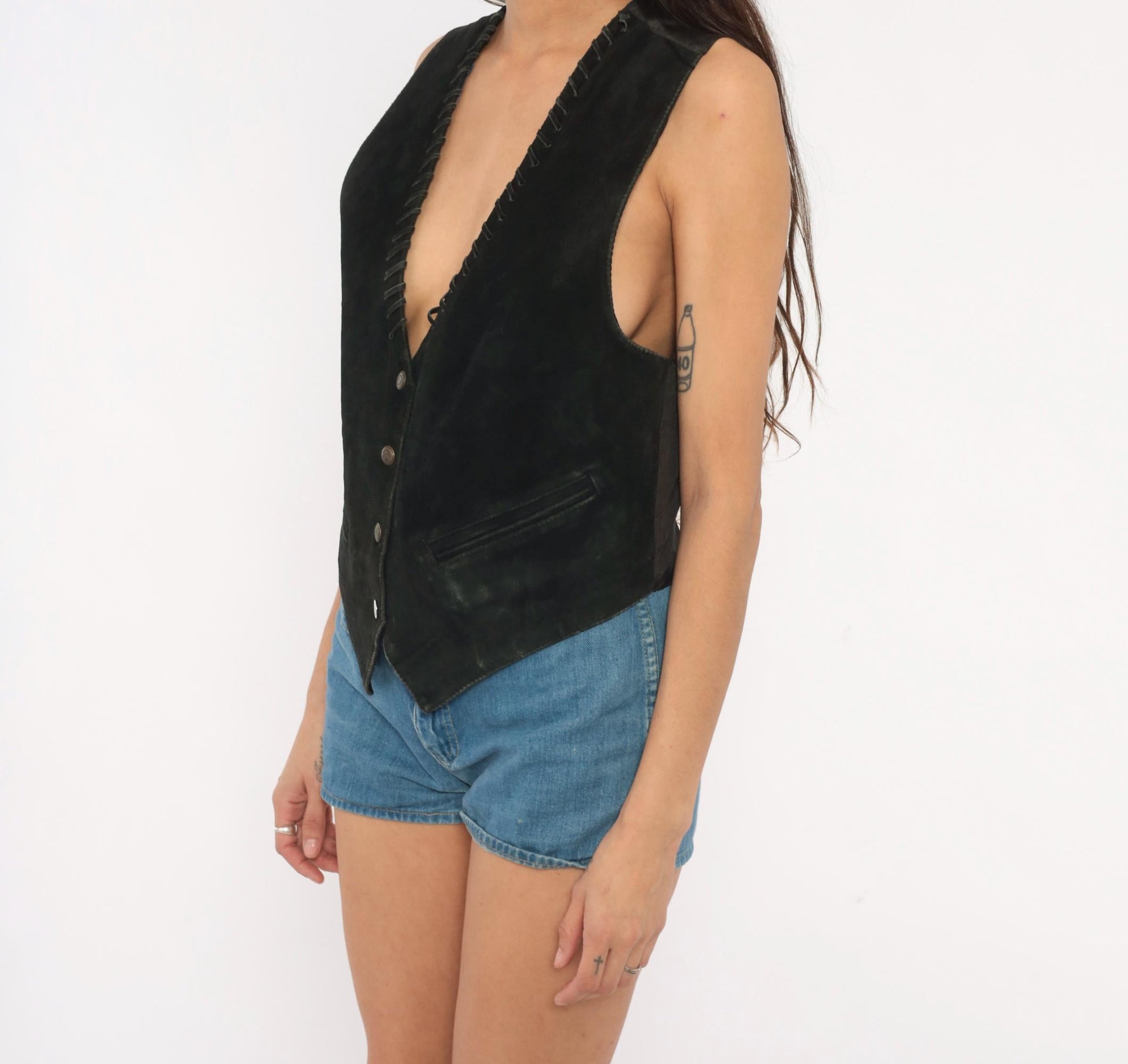 90s Black Suede Vest Whipstitch Snap Front Western Small S