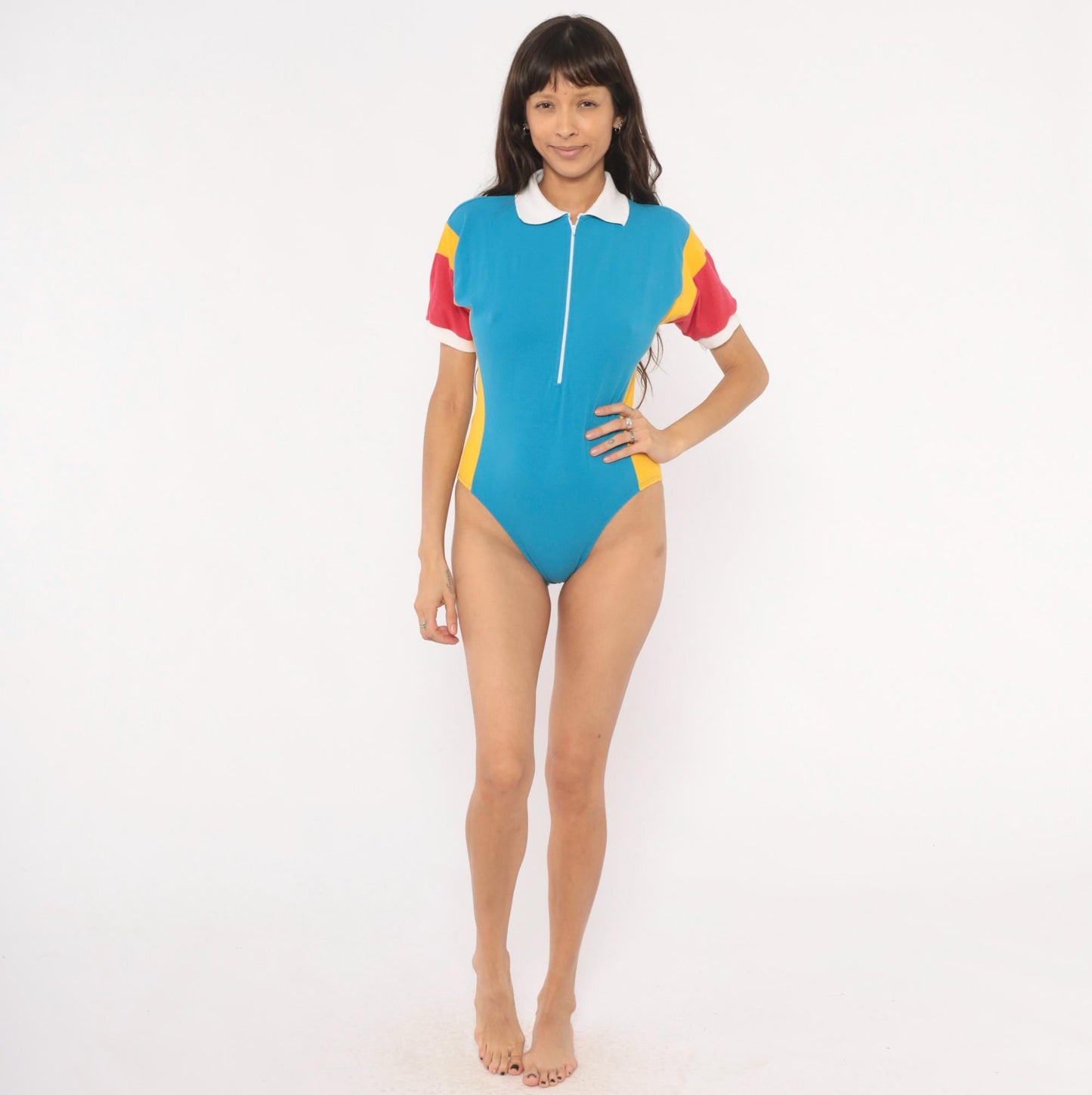 70s Jacques Moret Colorblock Polo Bodysuit Blue Yellow Red Medium