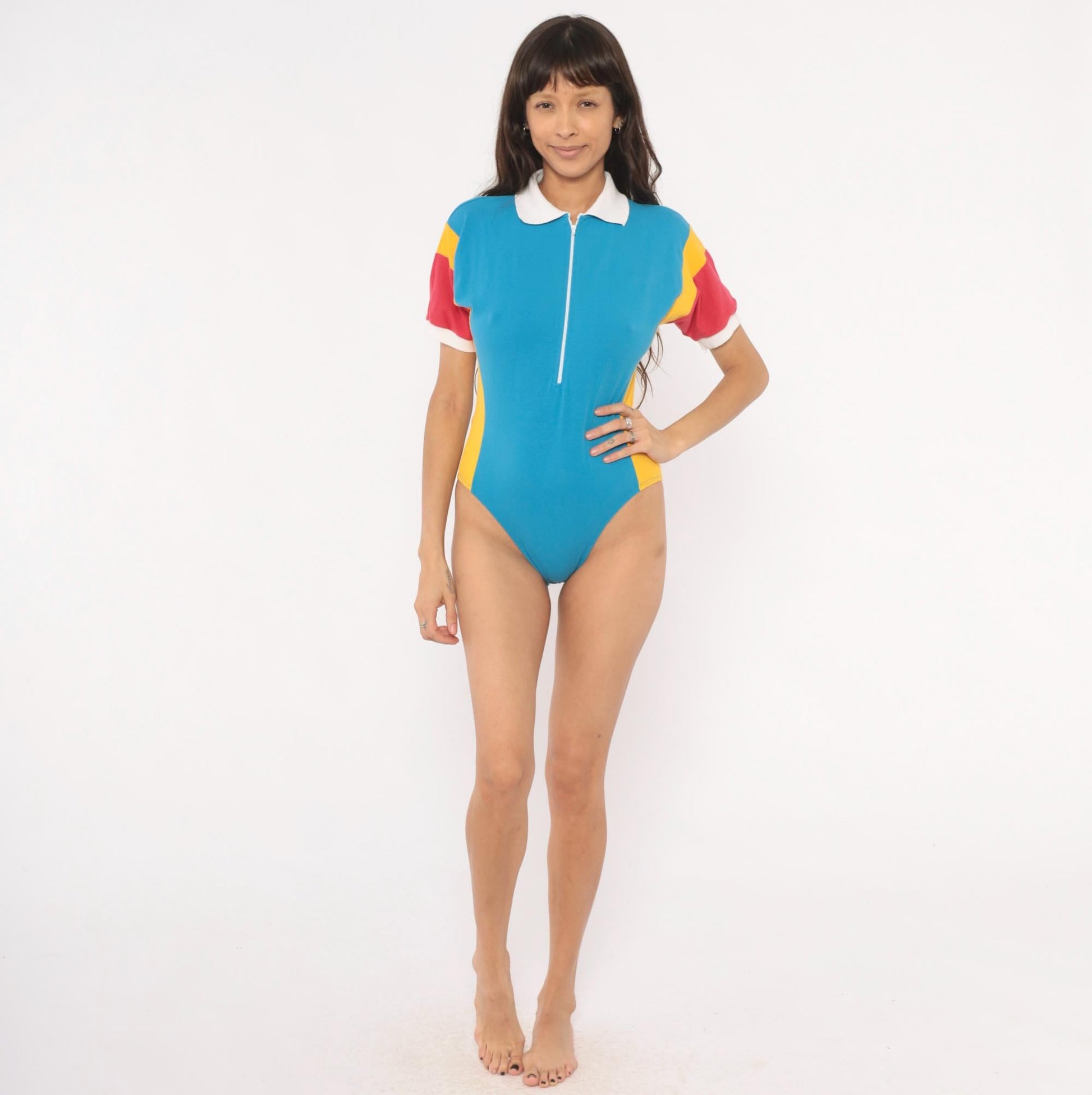 70s Jacques Moret Colorblock Polo Bodysuit Blue Yellow Red Medium