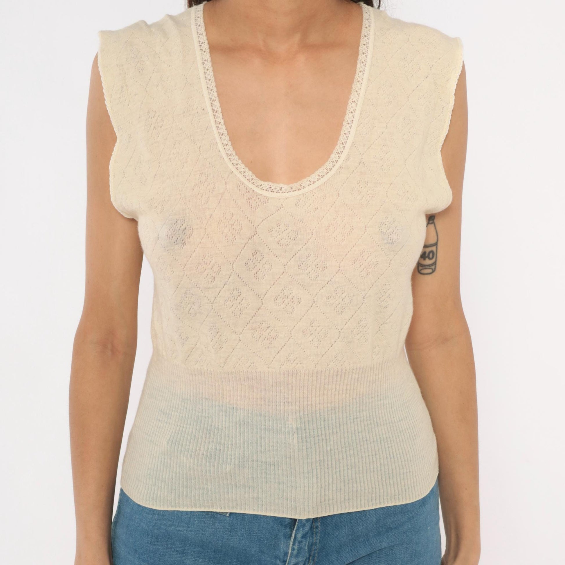 70s Chicas Therm Pointelle Knit Vest Cream Wool Scalloped Trim Extra Large
