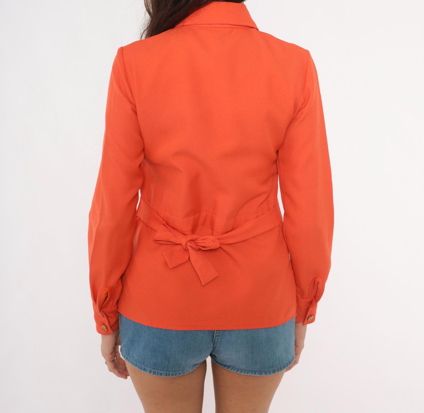 70s Ellen Tracy Orange Button-Up Blouse Gold Accents Western Yoke Small S
