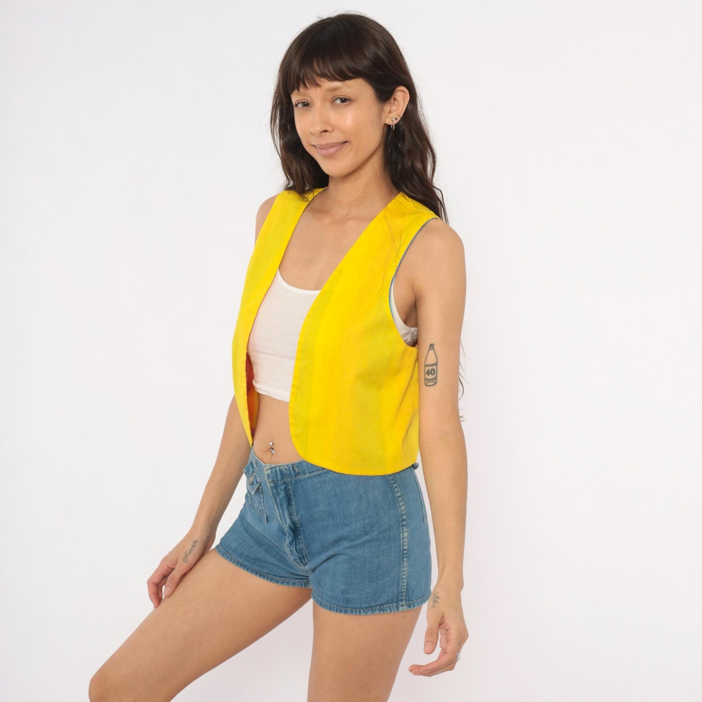80s Rainbow Stripe Cotton Vest Reversible Yellow Lined Cropped Waistcoat Small