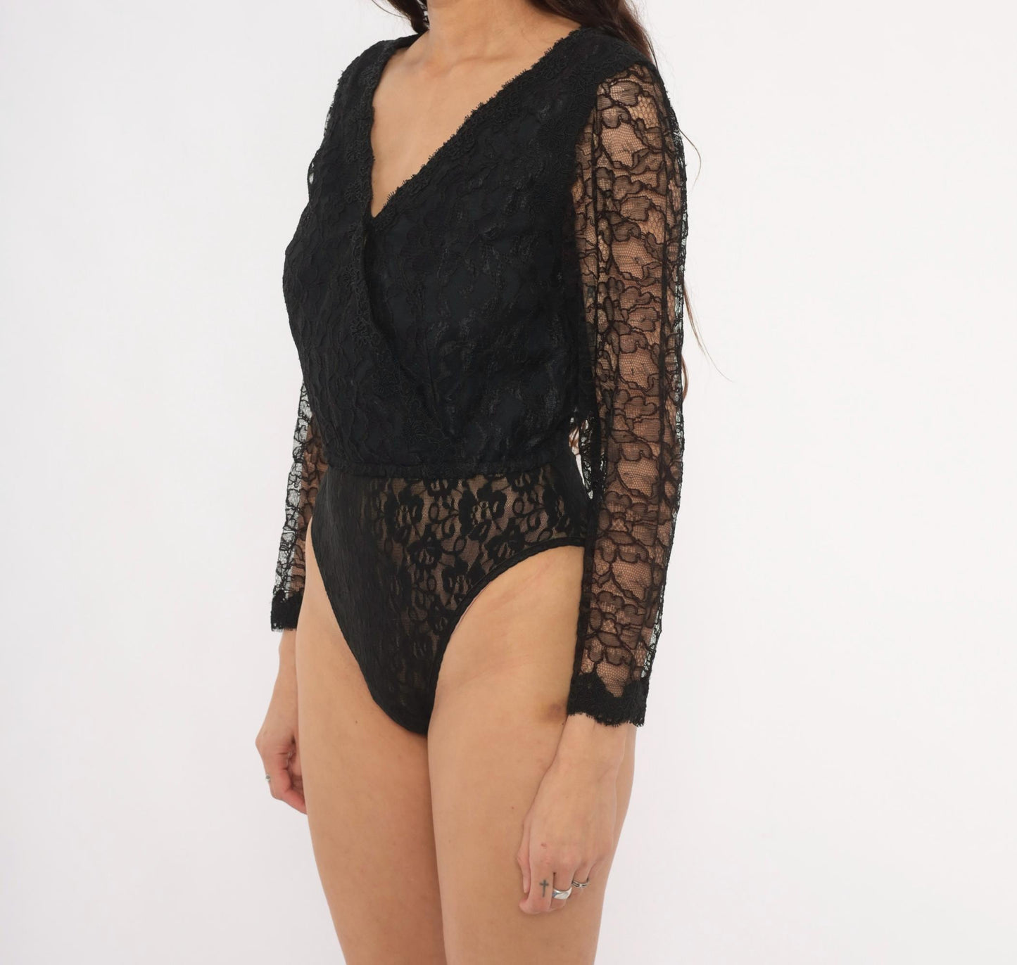 90s Bill Blass Black Lace Bodysuit Deep V Wrap Front Eyelash Trim Medium M