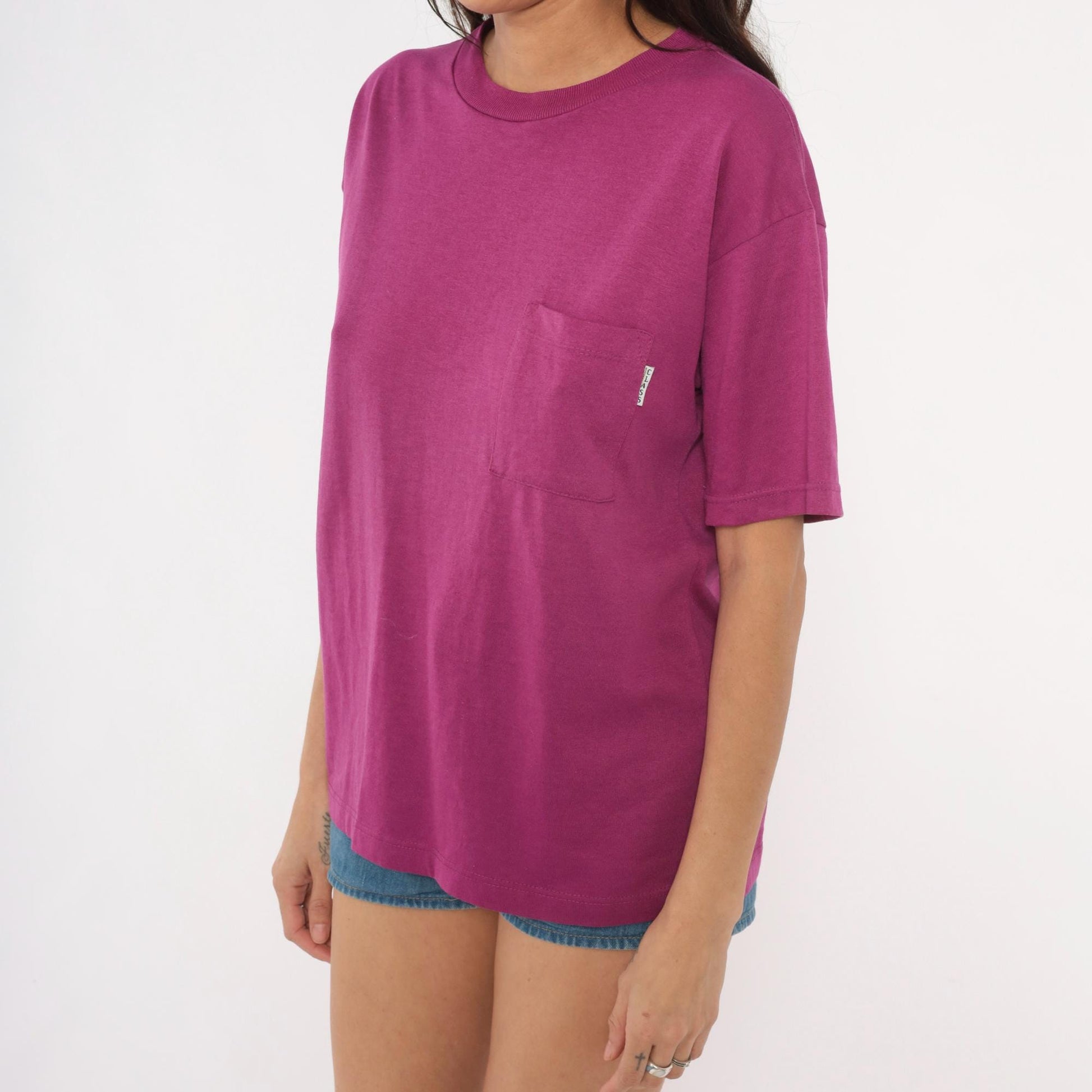 80s Plum Pocket Tee Cotton Crew Neck Boxy Short Sleeve Medium