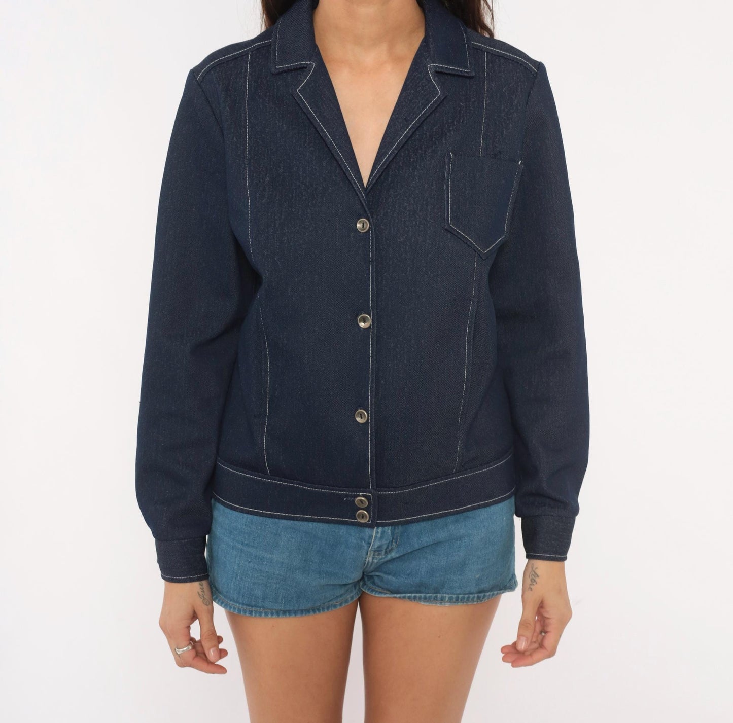 70s KokoKnits Denim Jacket Navy Snap Button Blazer Medium