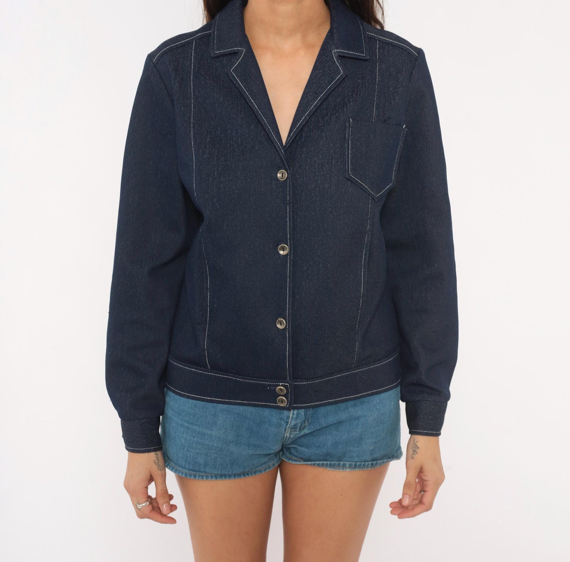 70s KokoKnits Denim Jacket Navy Snap Button Blazer Medium