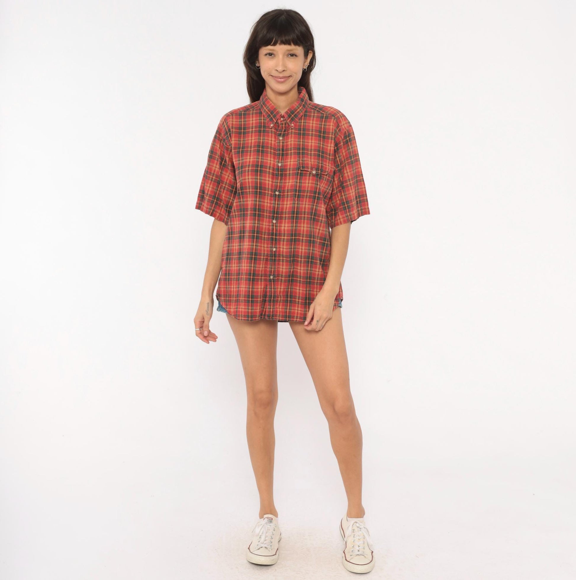 90s Resilio Red Plaid Cotton Button-Down Shirt Short Sleeve Small