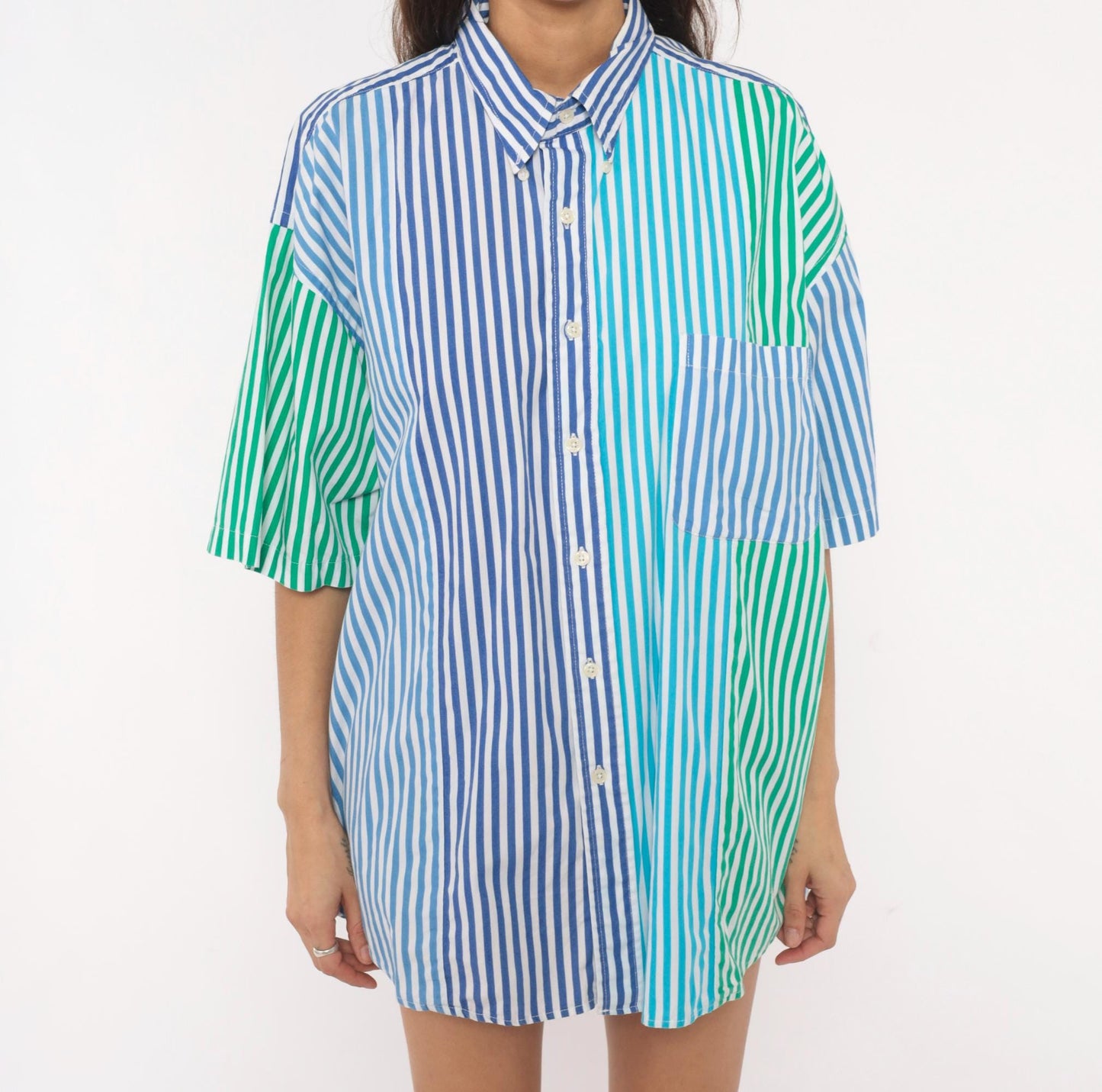 90s Van Heusen Multi-Stripe Patchwork Cotton Button-Up Shirt Large L