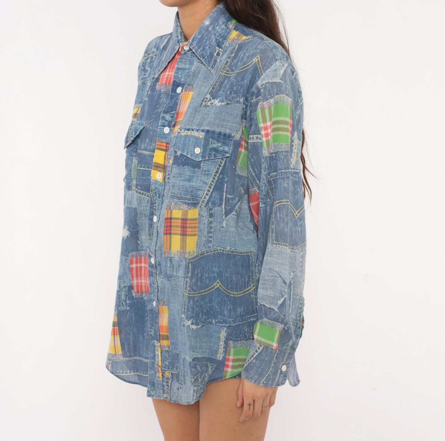 70s Permanent Press Patchwork Denim Print Shirt Madras Plaid Blue Yellow Medium