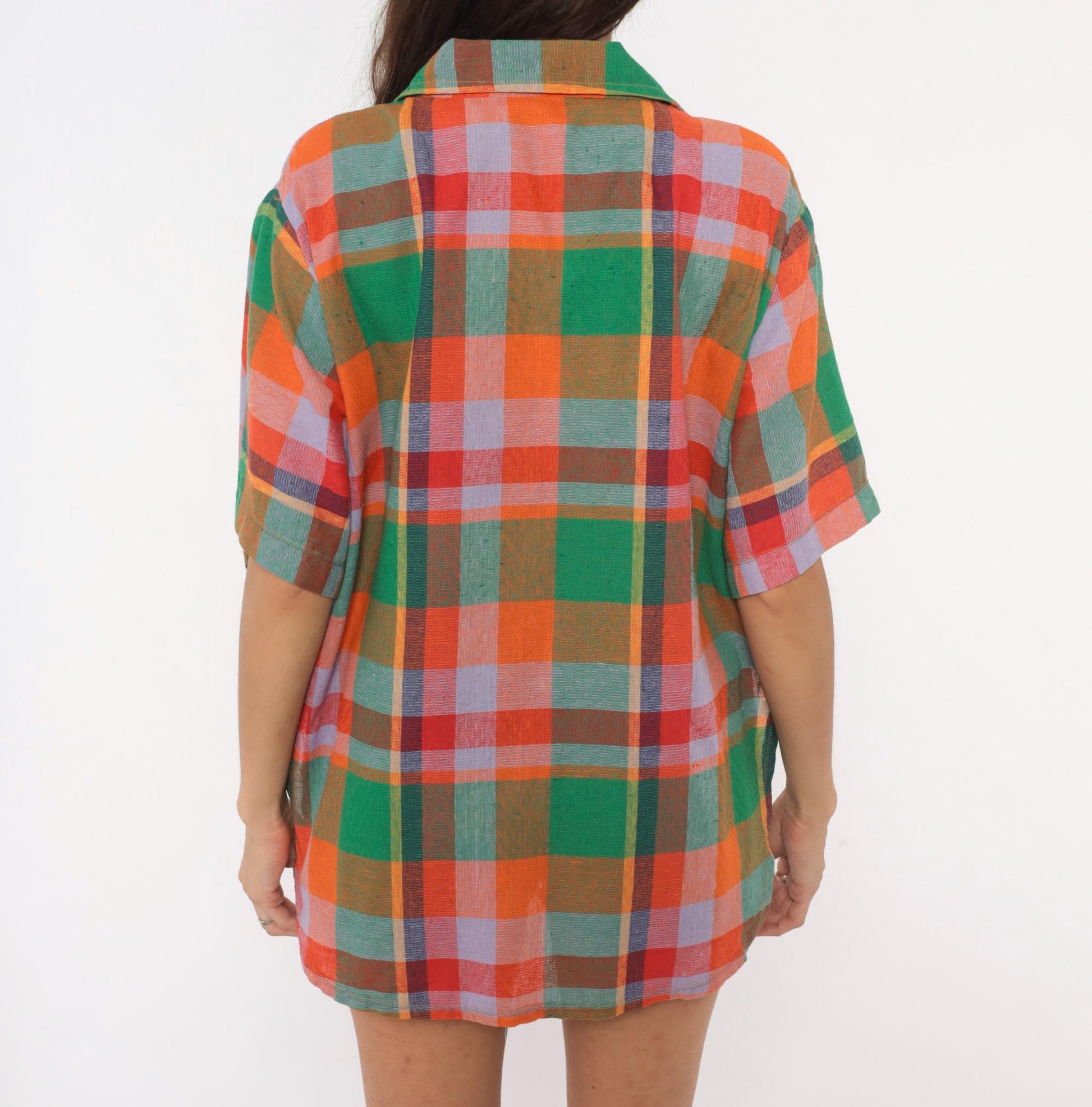 80s Rainbow Plaid Camp Shirt Cotton Button Front Blouse Large L