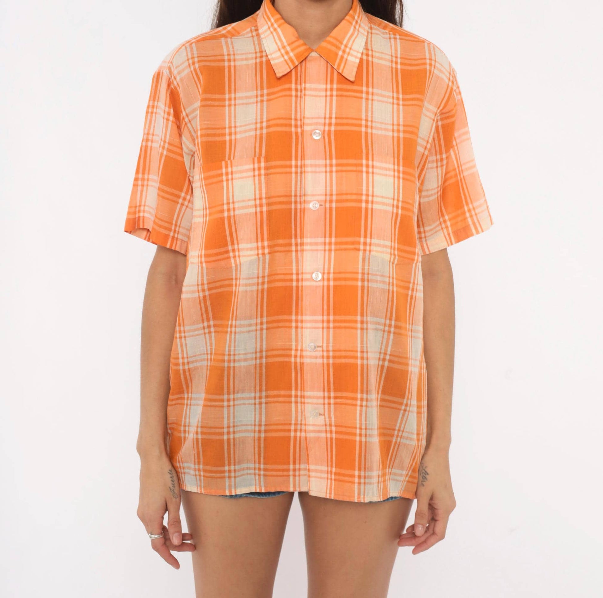 70s Manhattan Docoma Orange Plaid Button-Up Shirt Cream Check Short Sleeve Medium