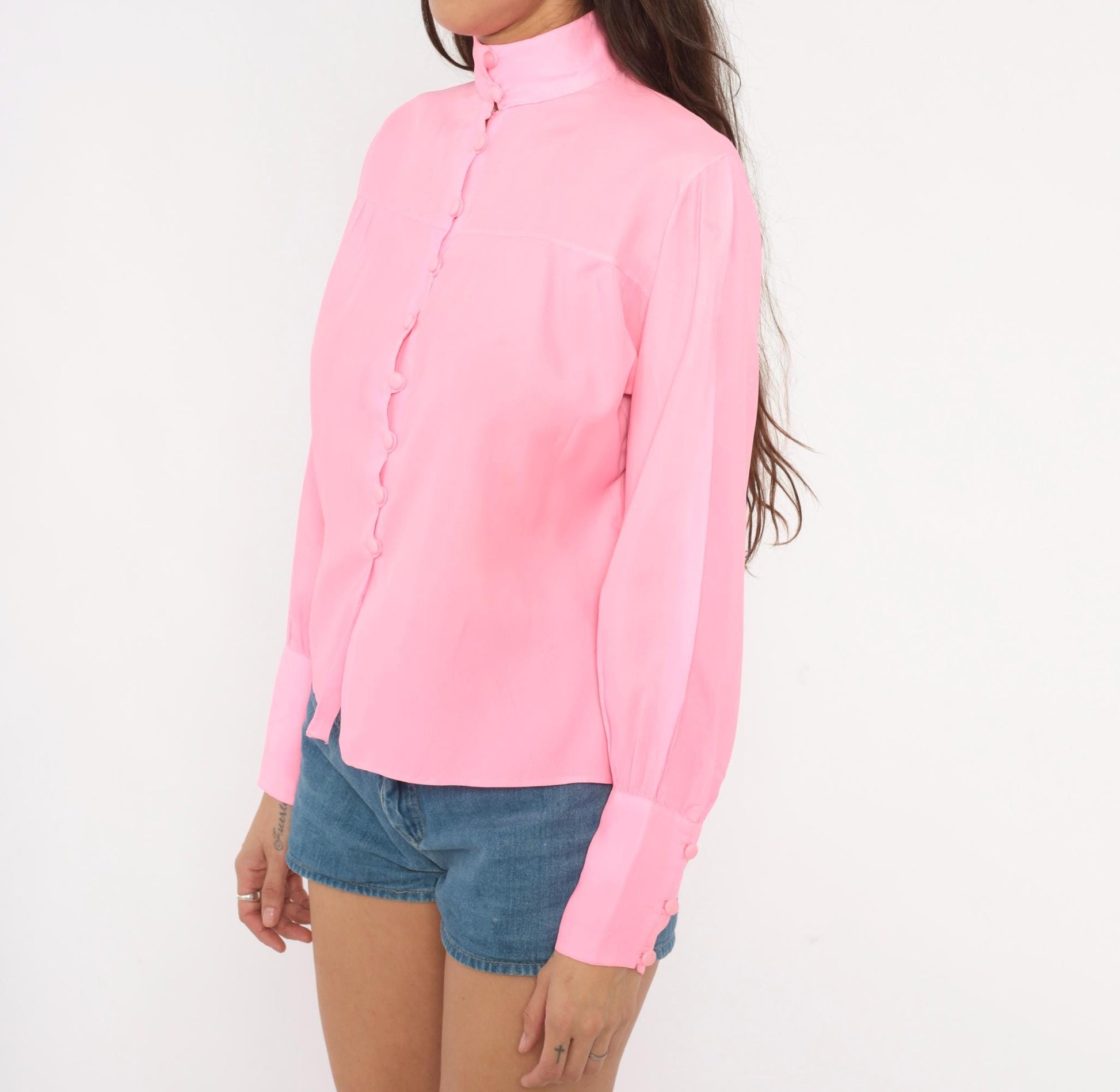 70s Alice Stuart Bubblegum Pink Disco Blouse Mandarin Collar Long Sleeve Small