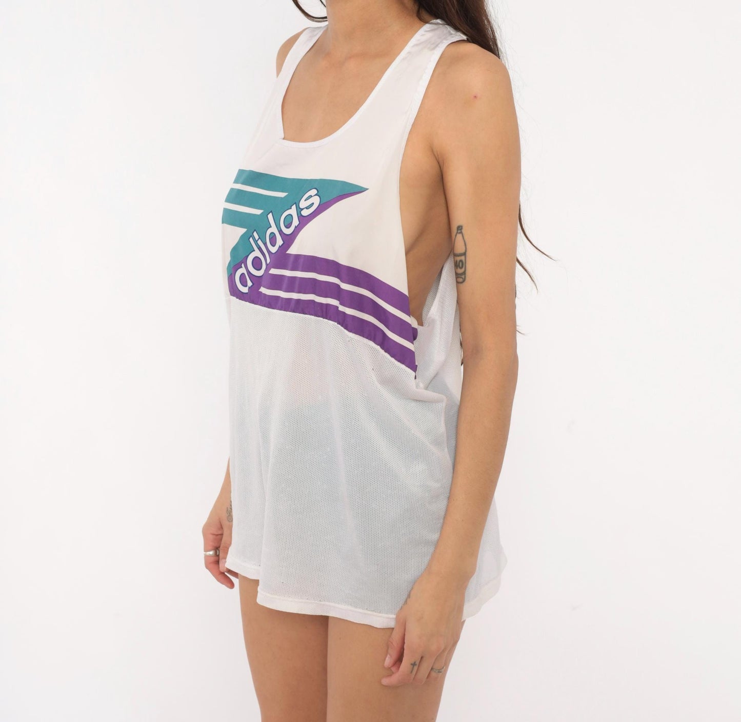 90s Adidas Tank Top White Teal Purple Mesh Athletic Sleeveless Extra Large XL