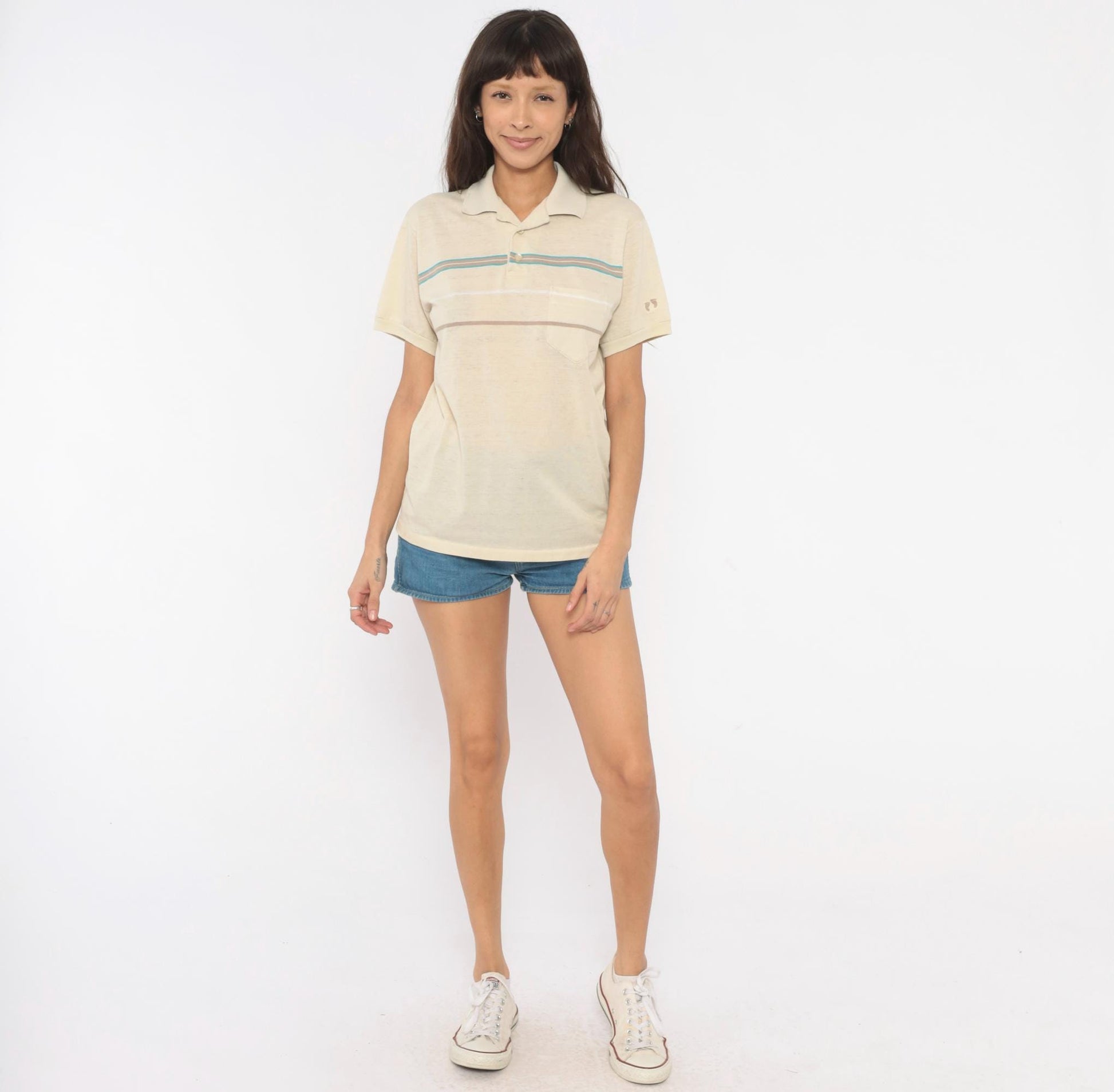80s Hang Ten Polo Shirt Cream Teal Taupe Stripe Cotton Medium M