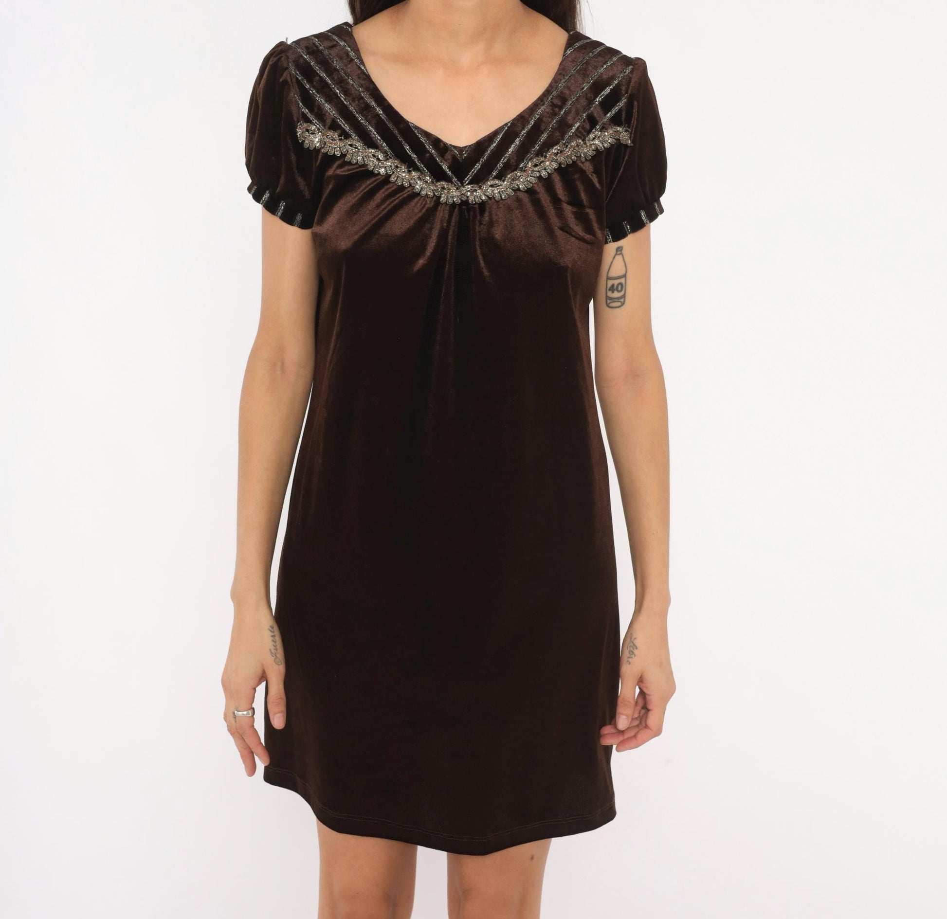 Y2K Chocolate Brown Velvet Mini Dress Puff Sleeve Beaded Small S