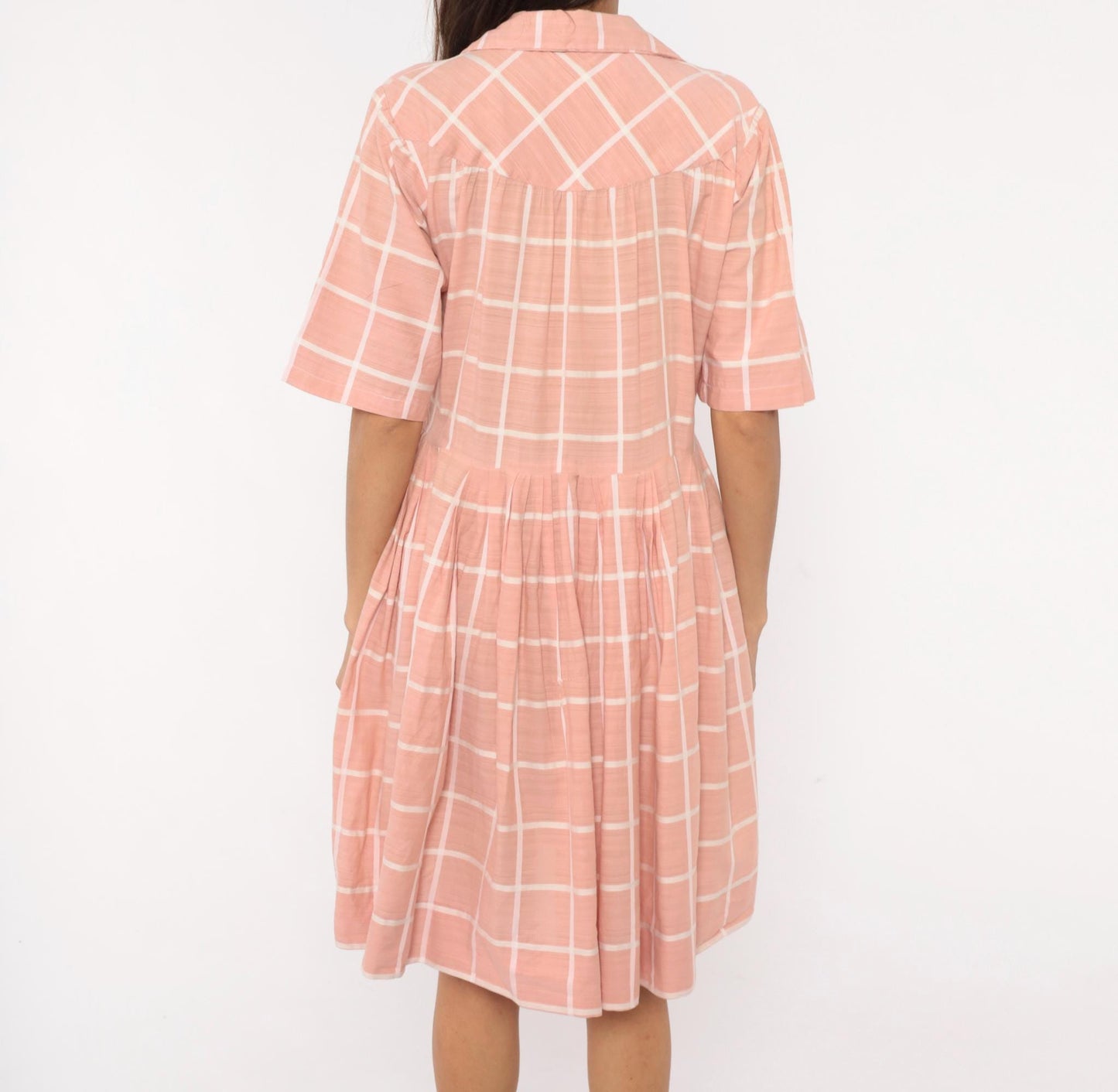 1960s Pink Cream Windowpane Shirtdress Cotton Button Front Pleated Large L