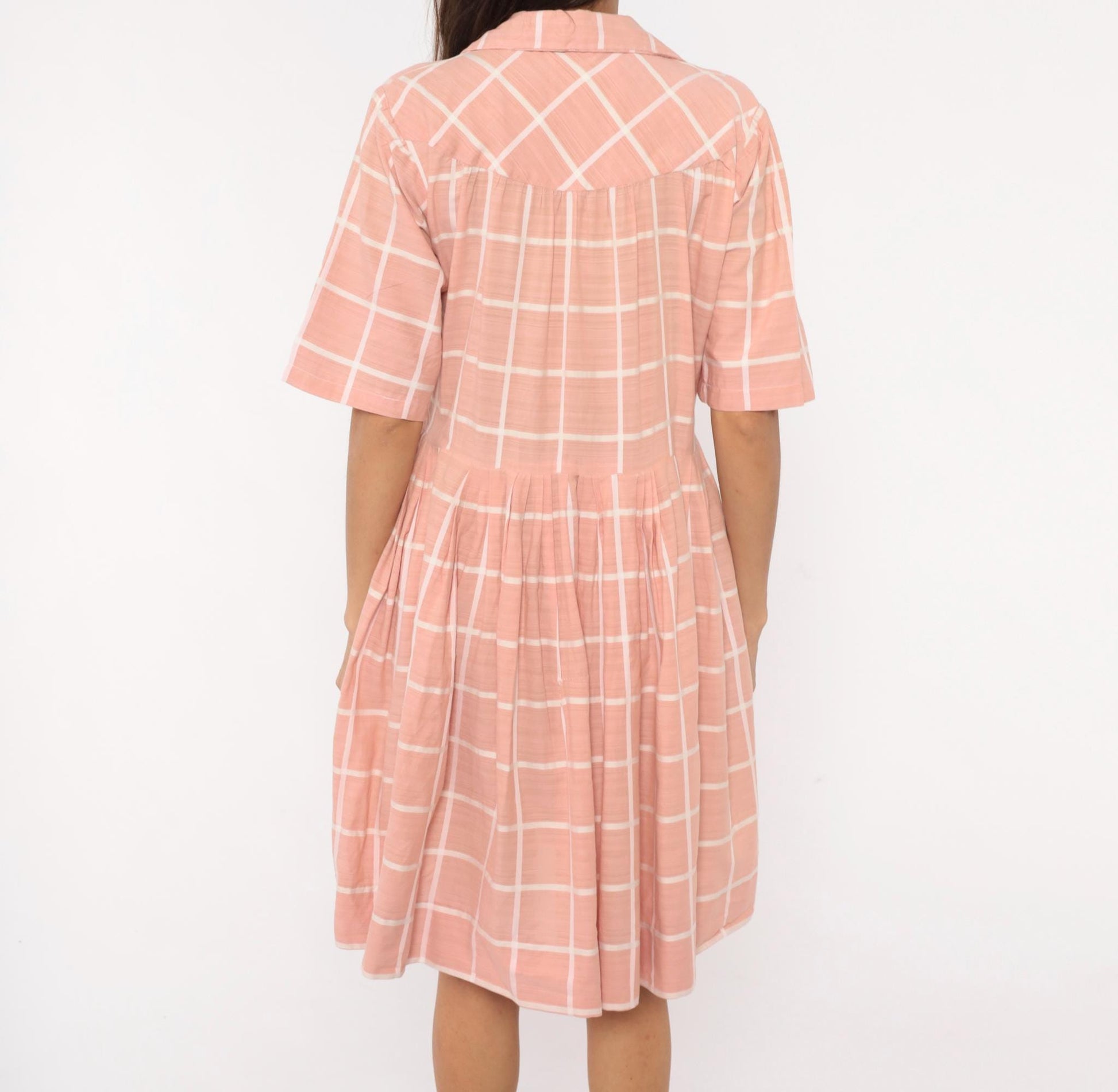 1960s Pink Cream Windowpane Shirtdress Cotton Button Front Pleated Large L