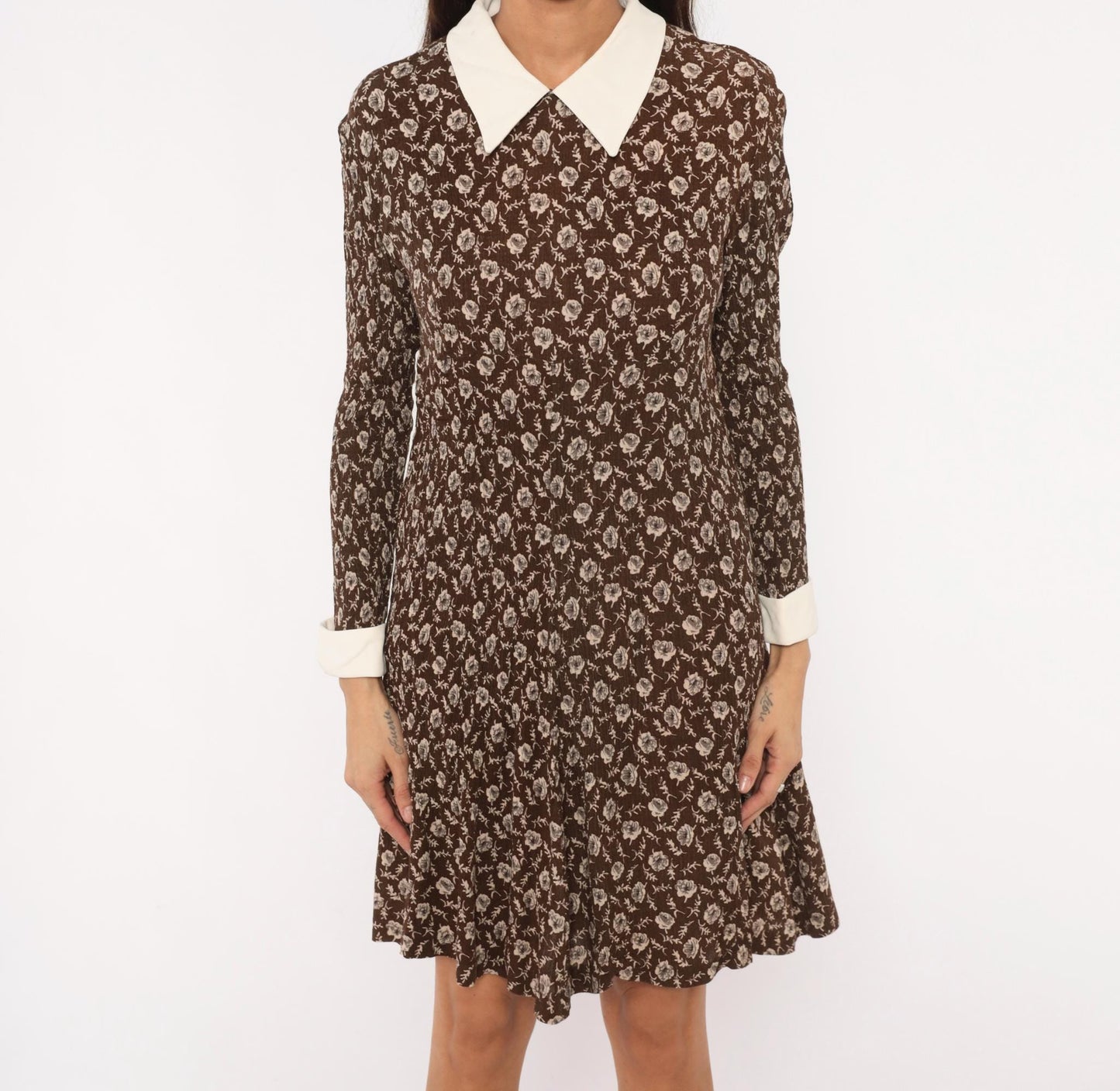 90s Karin Stevens Floral Dress Brown Cream Pointed Collar Knee-Length Large L