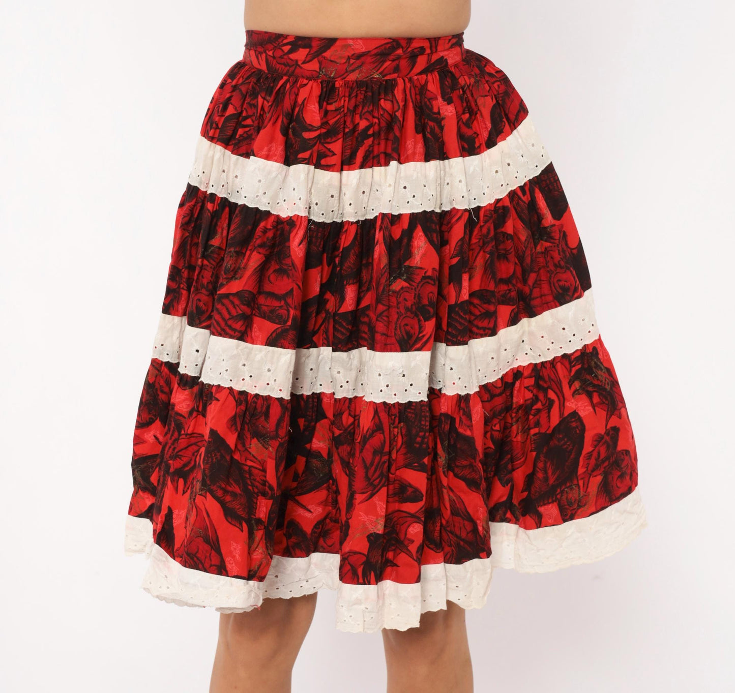 60s Fish Print Circle Skirt Red Black Eyelet Lace Cotton Extra Small
