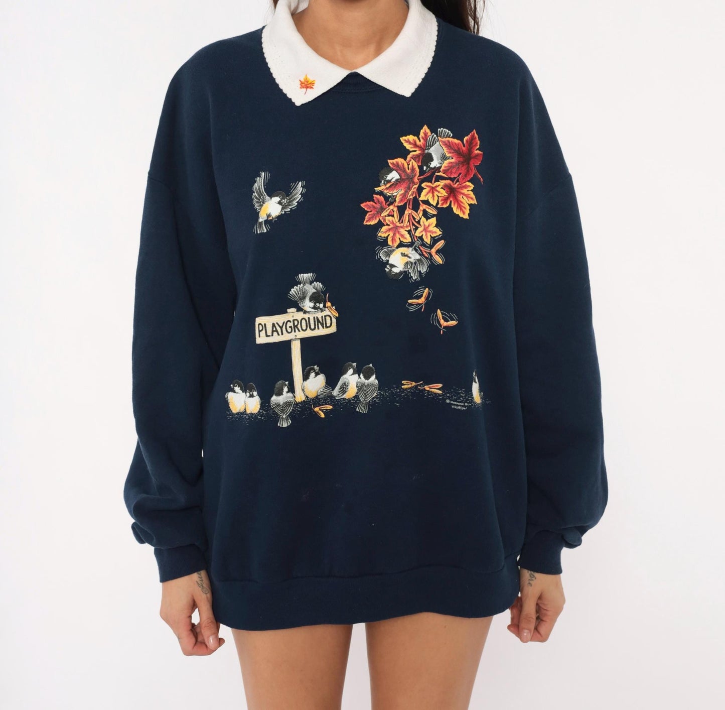 90s Morning Sun Chickadee Sweatshirt Navy Blue Autumn Leaves Collared Graphic Extra Large