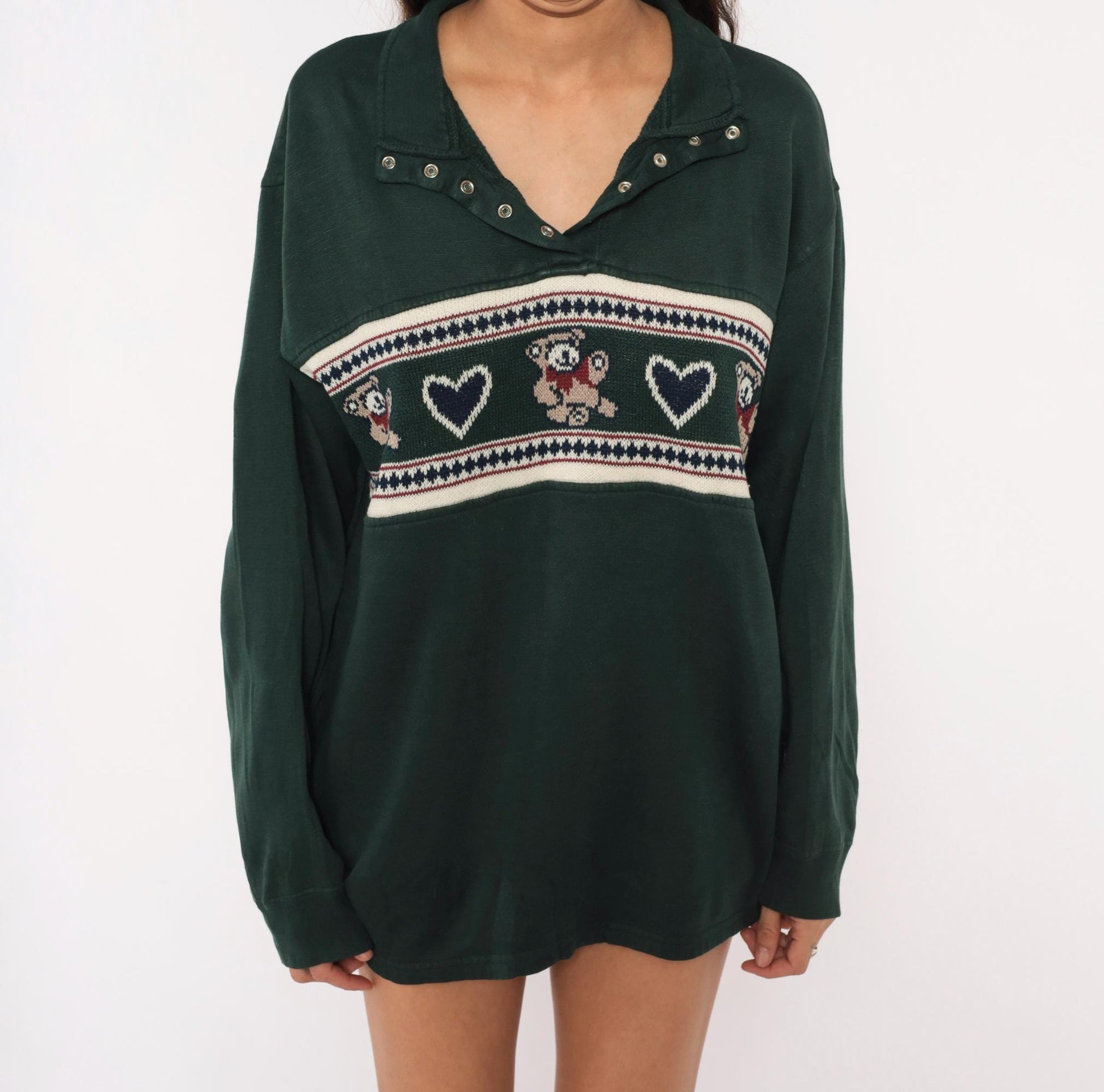 90s Carolina Teddy Bear Fair Isle Pullover Forest Green Knit Large L