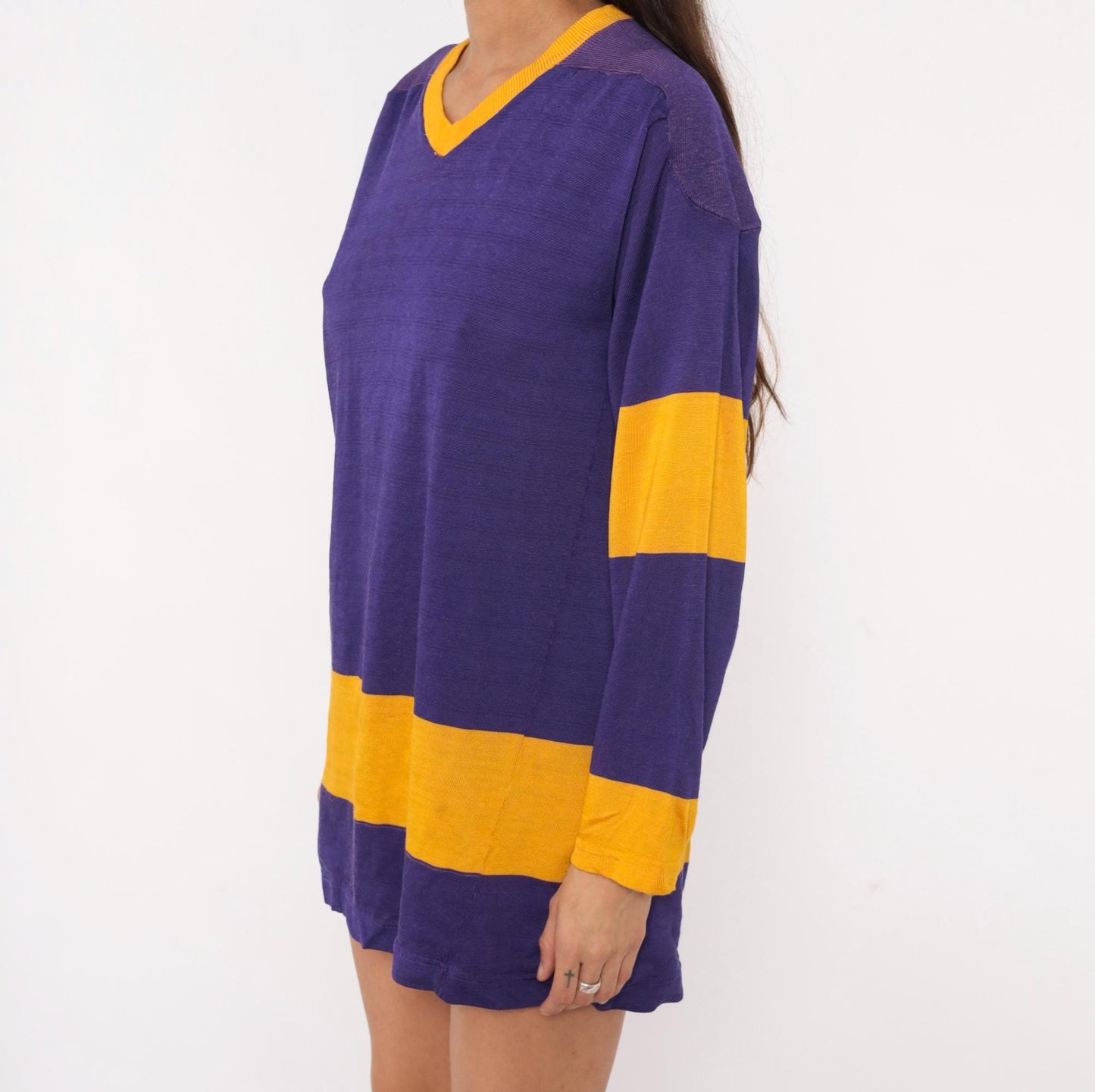 70s Purple Gold Striped V-Neck Pullover Jersey Long Sleeve Small