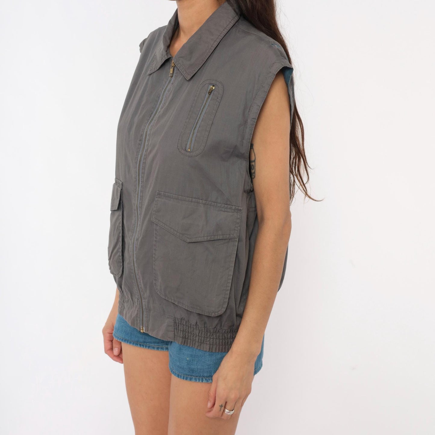 80s Fog Cutter Grey Utility Vest Cotton Zip Cargo Pockets Medium